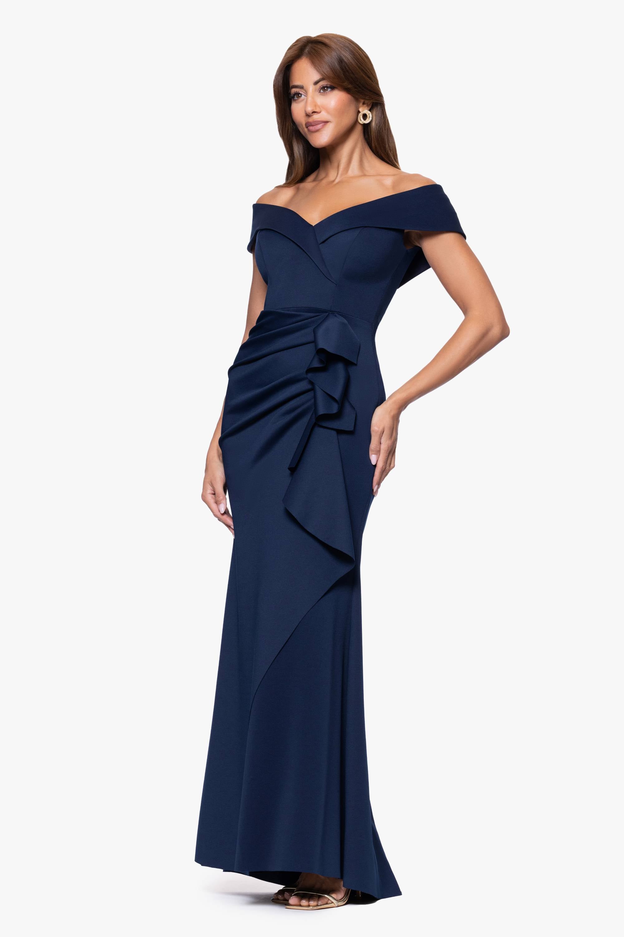 "Patti" Long Off the Shoulder Techno Scuba Dress