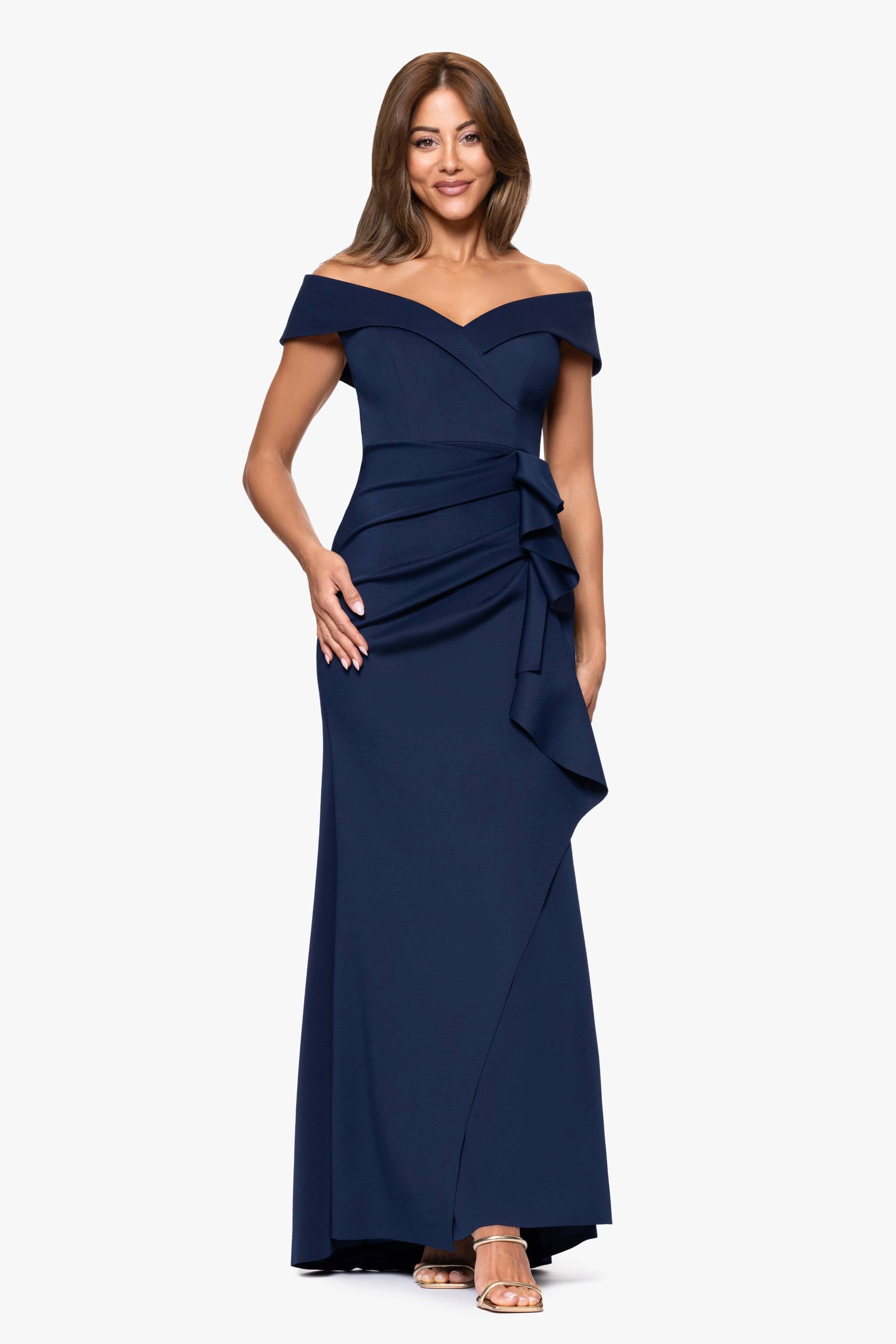 off shoulder dress petite Petite Patti Long Off the Shoulder Techno Scuba Dress Midnight / 14P