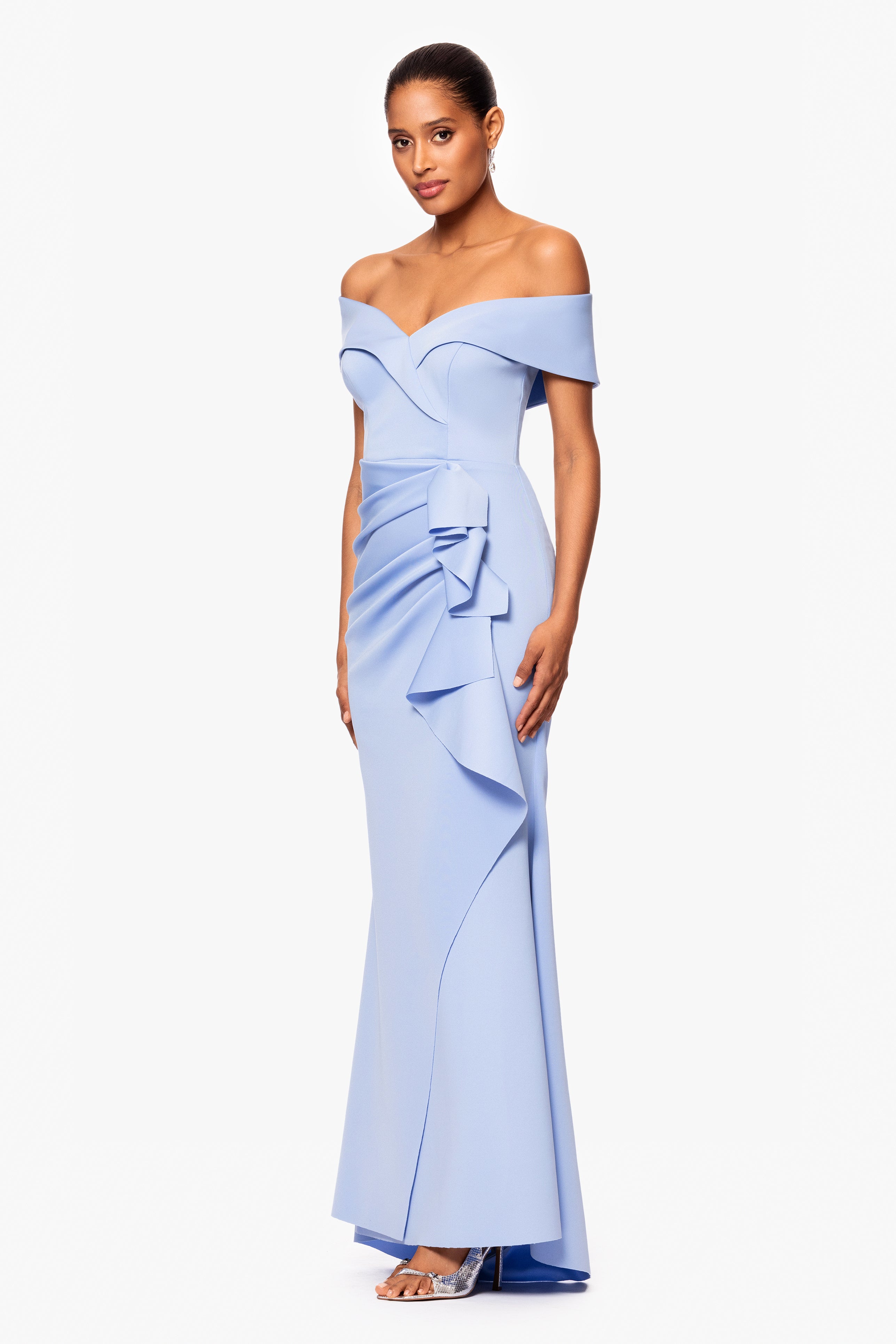 "Patti" Long Off the Shoulder Techno Scuba Dress