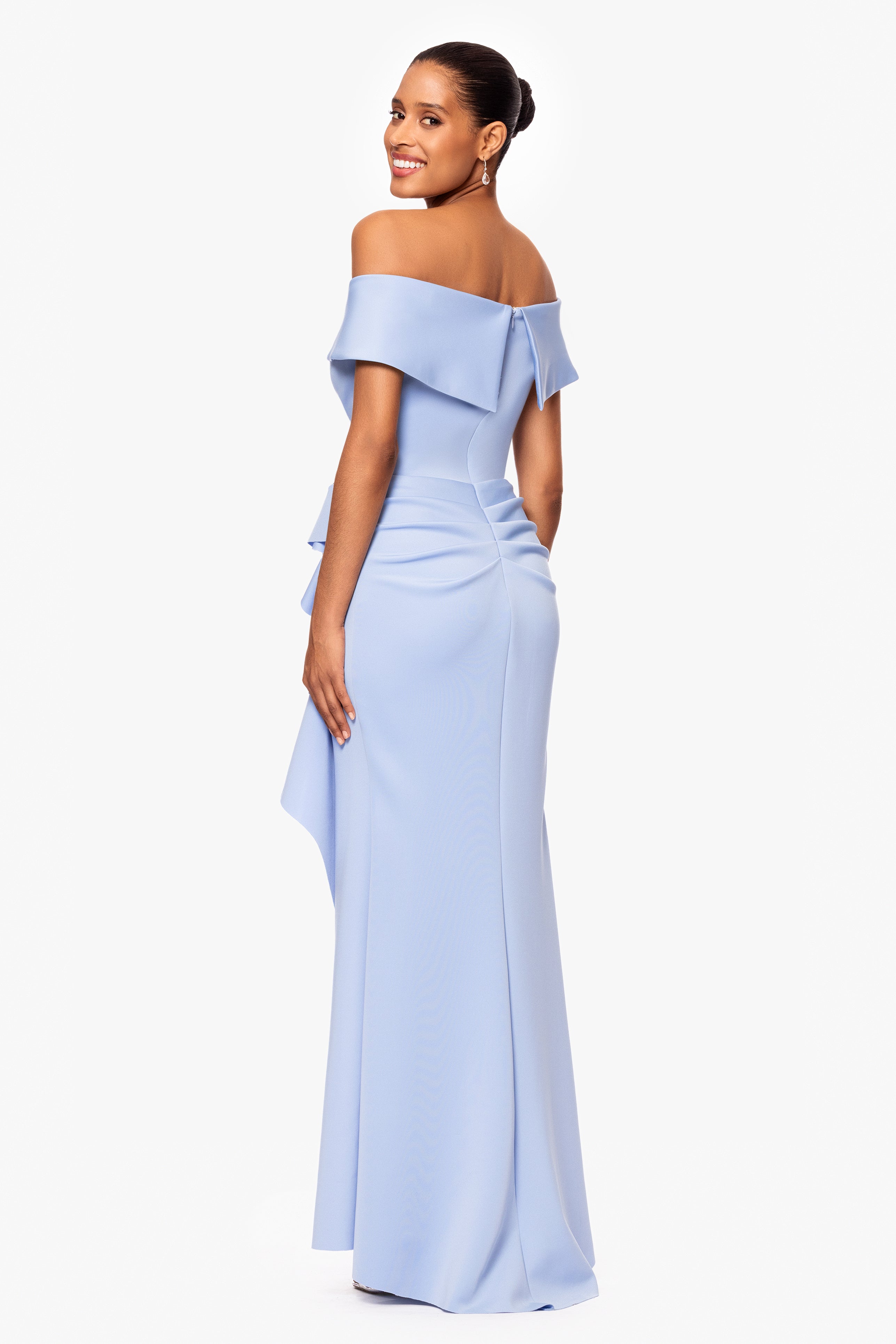 "Patti" Long Off the Shoulder Techno Scuba Dress