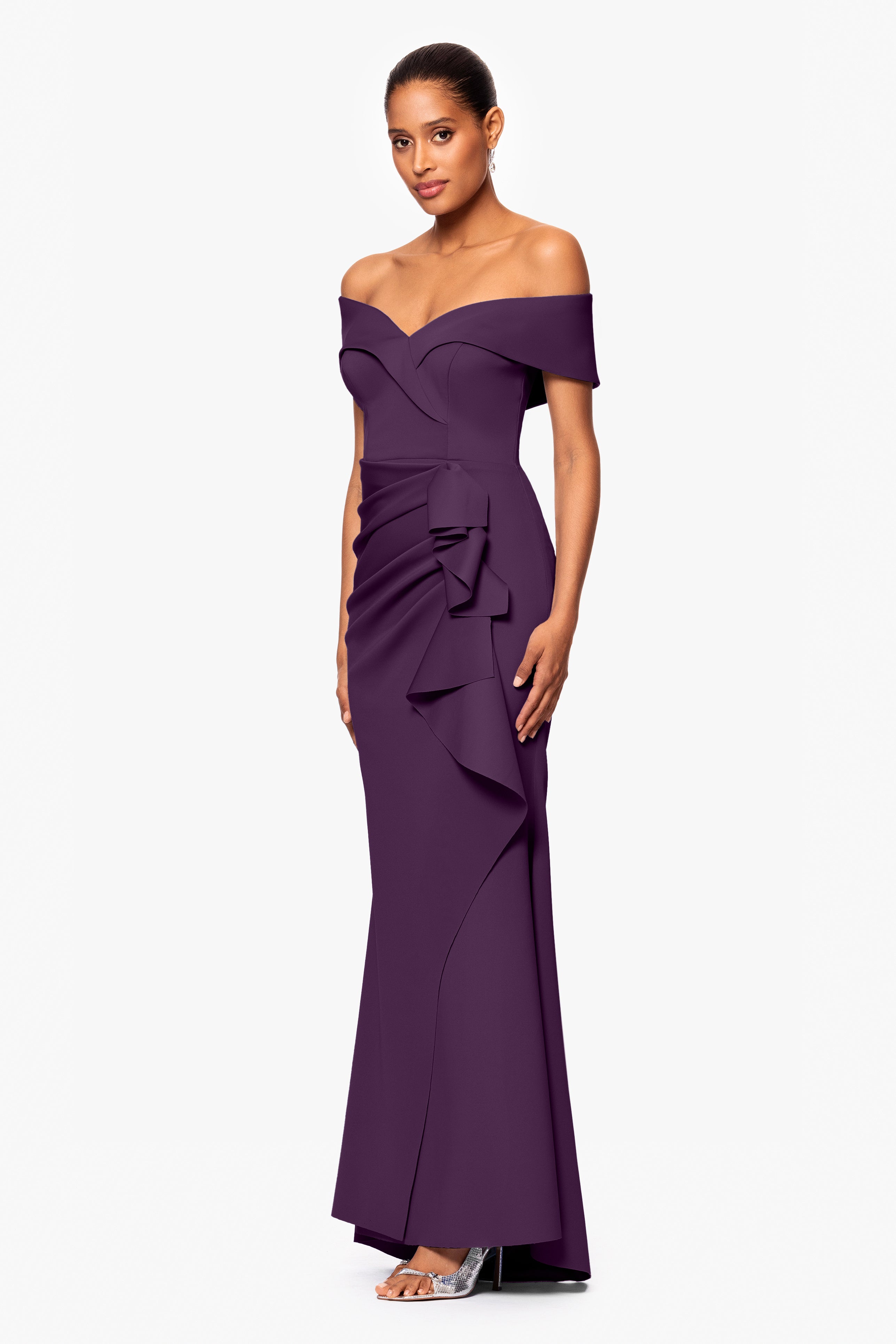 "Patti" Long Off the Shoulder Techno Scuba Dress