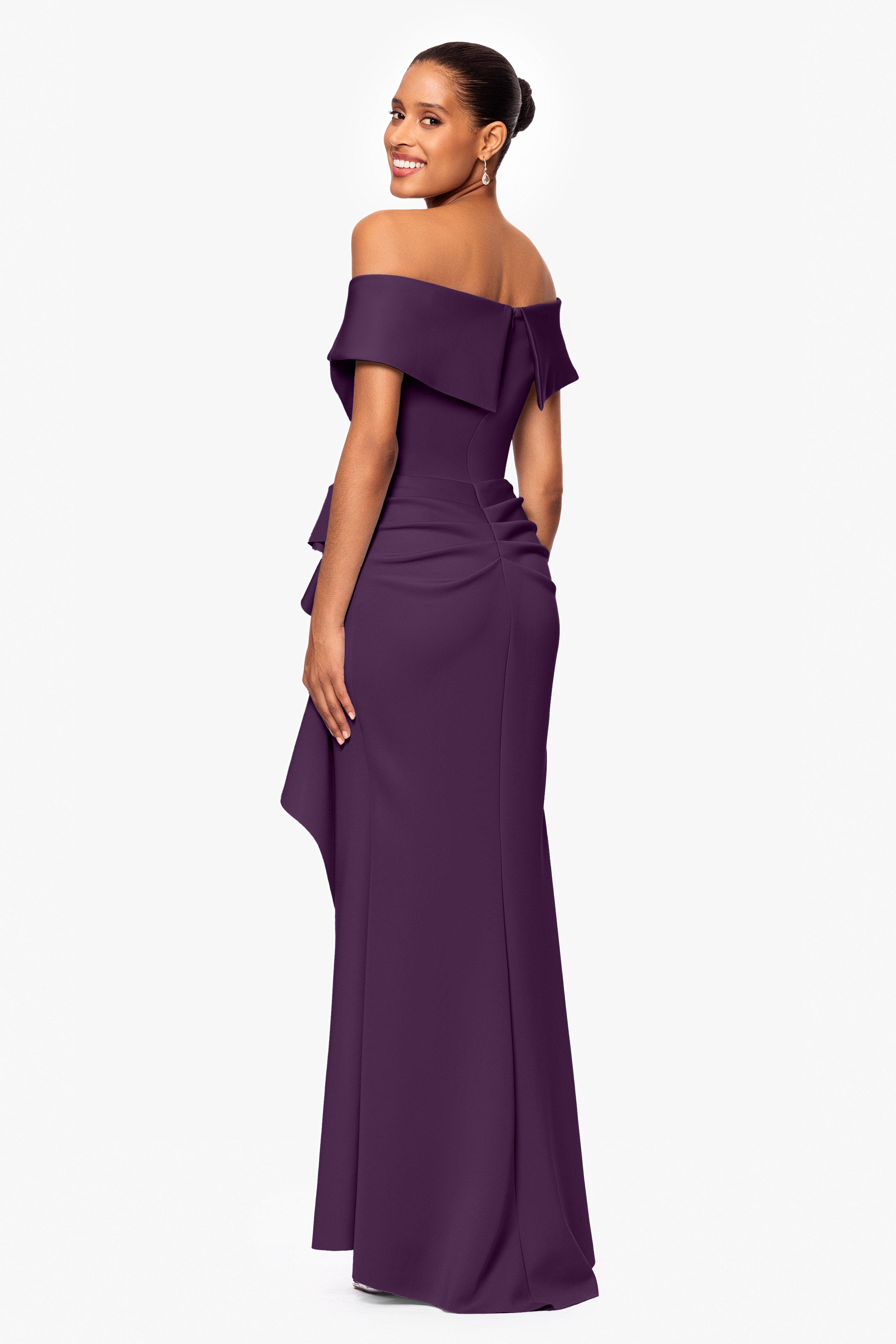 "Patti" Long Off the Shoulder Techno Scuba Dress