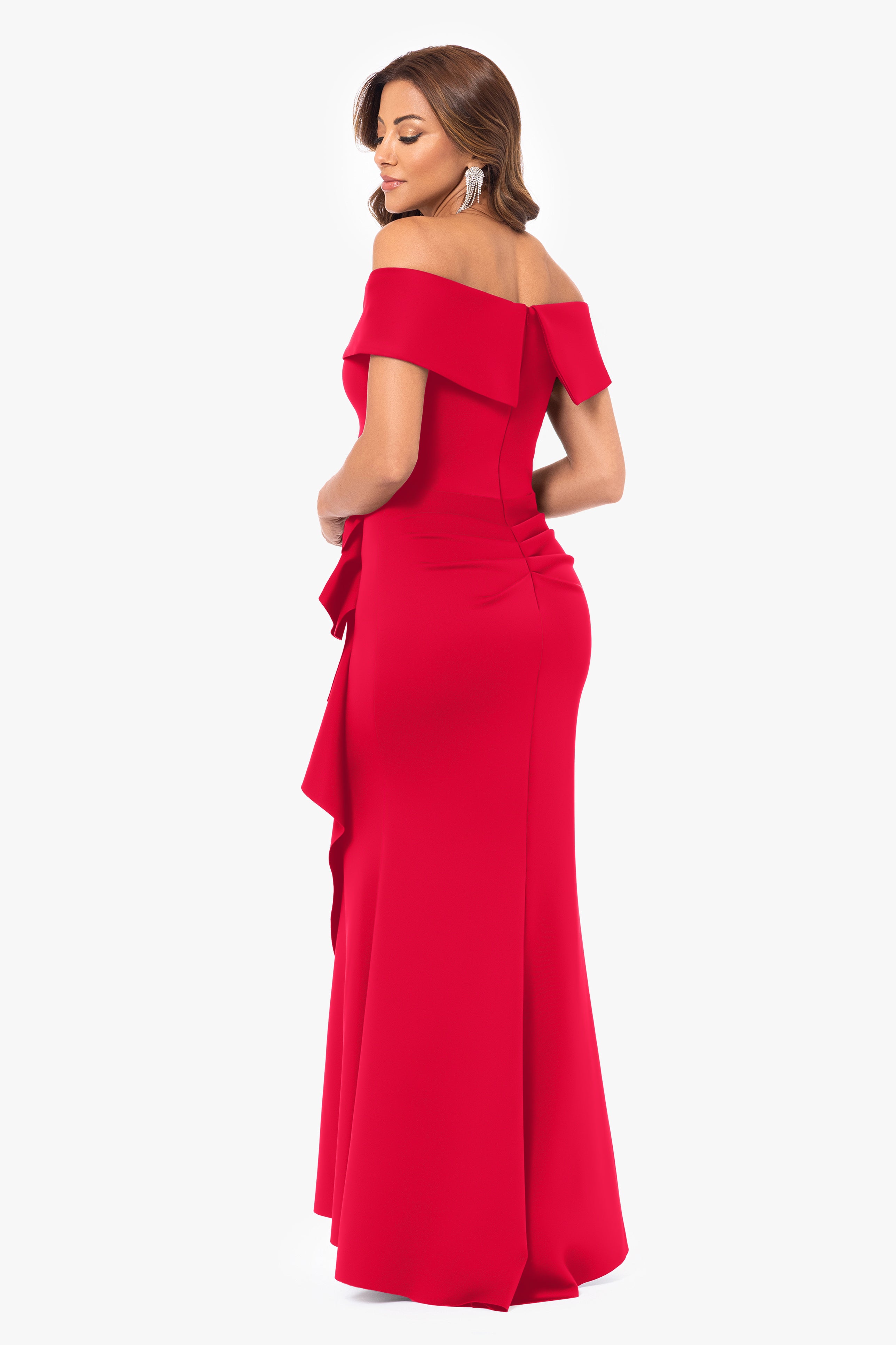 "Patti" Long Off the Shoulder Techno Scuba Dress
