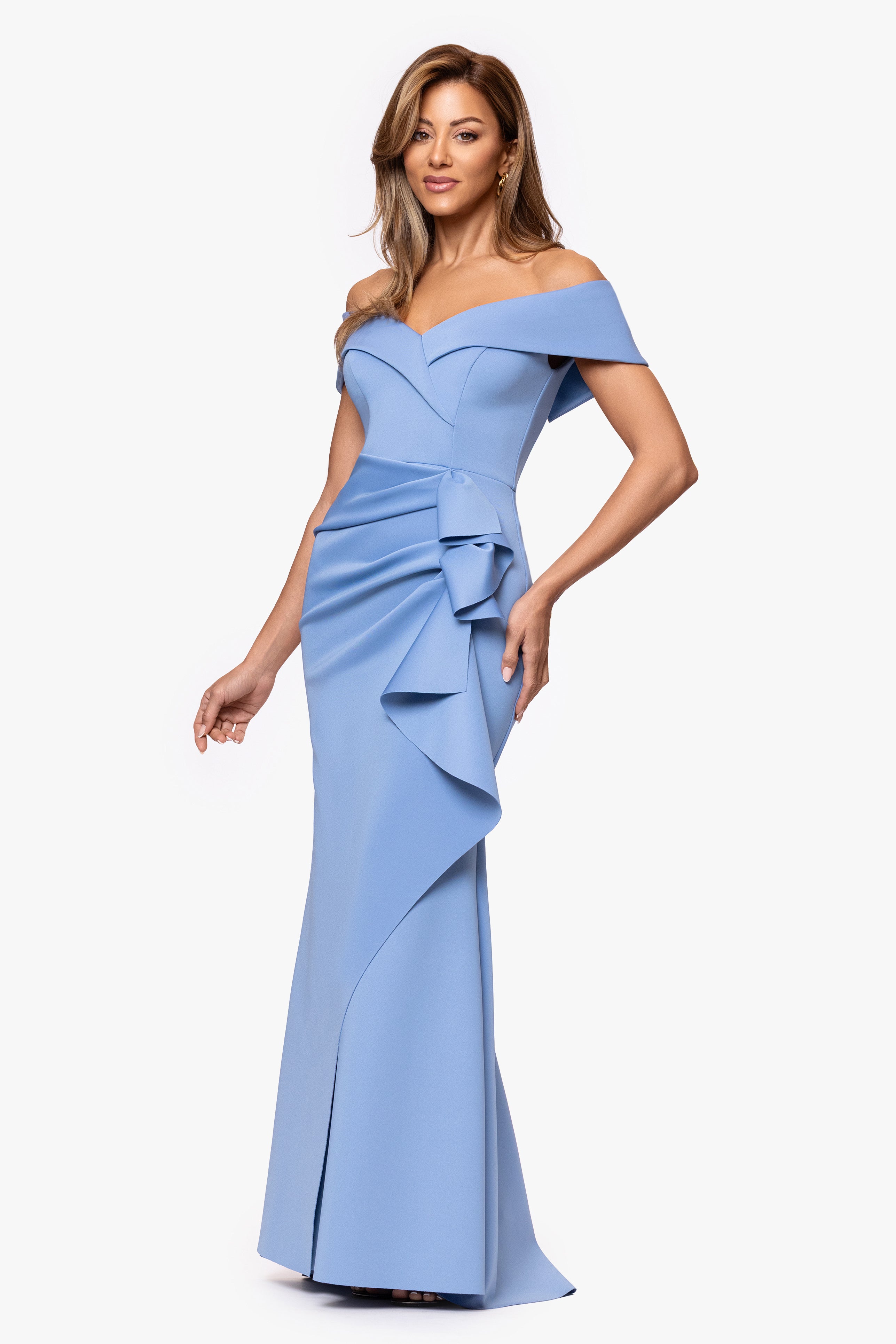 "Patti" Long Off the Shoulder Techno Scuba Dress