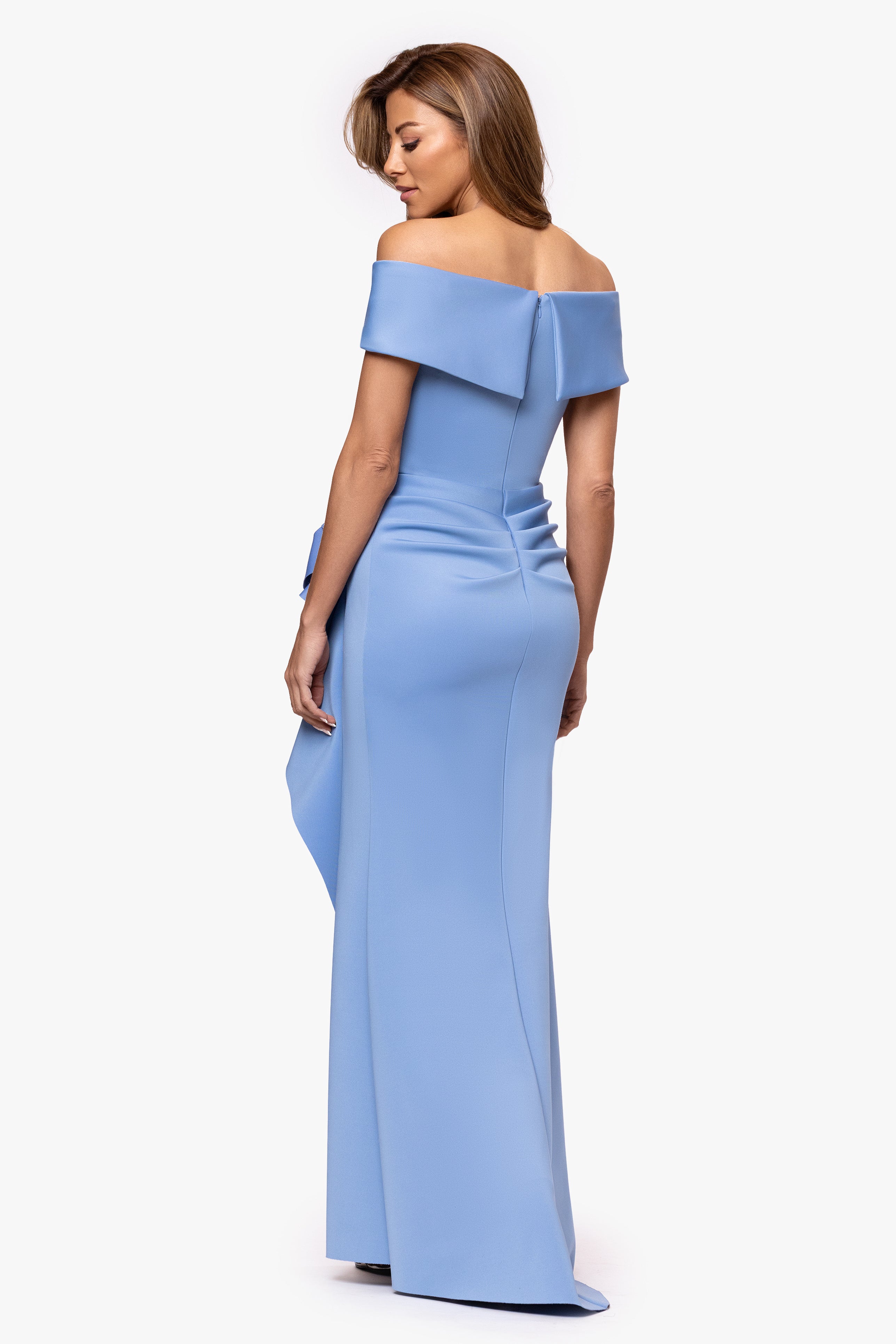 "Patti" Long Off the Shoulder Techno Scuba Dress