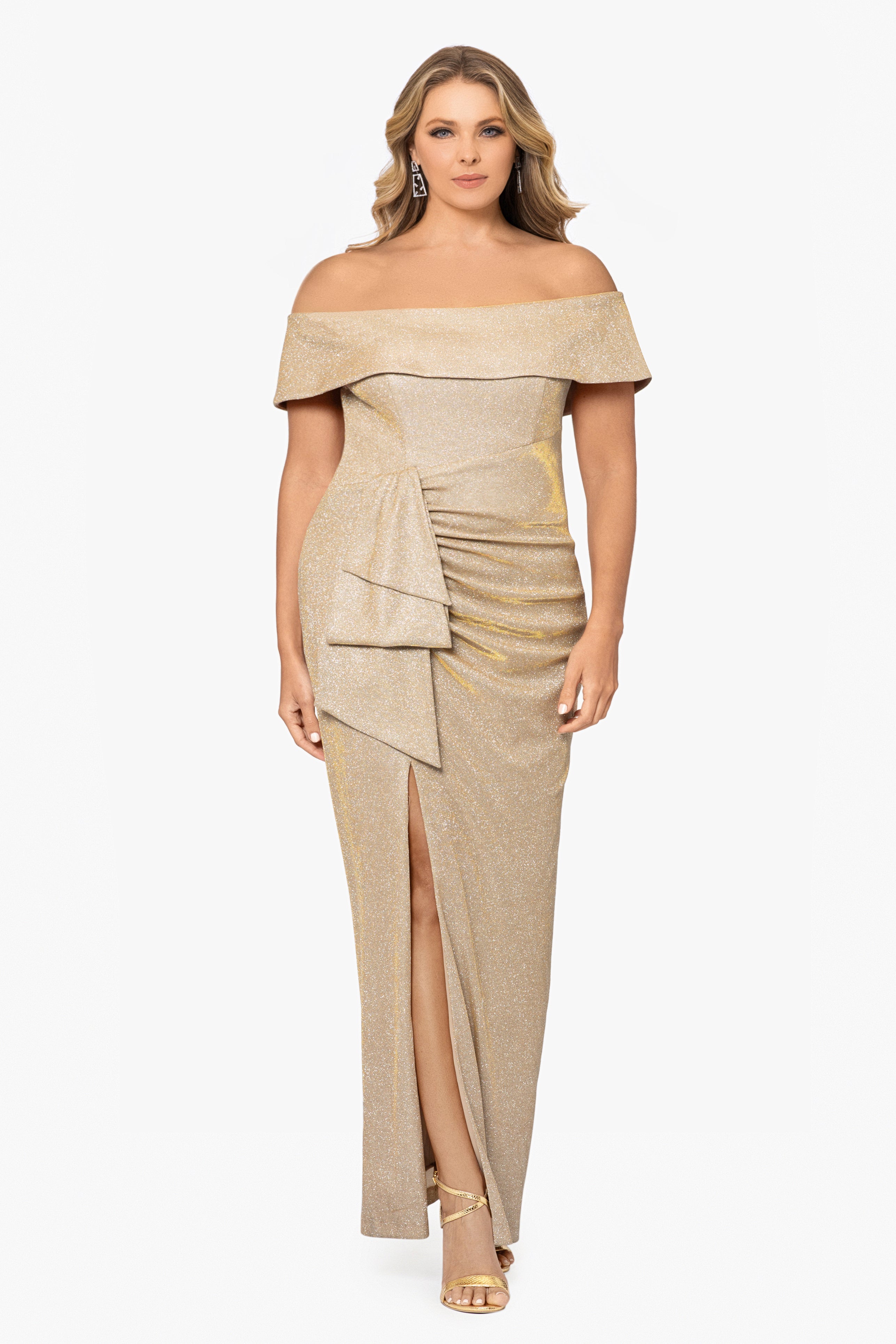 Plus "Tessa" Long Glitter Off the Shoulder Ruffle Dress