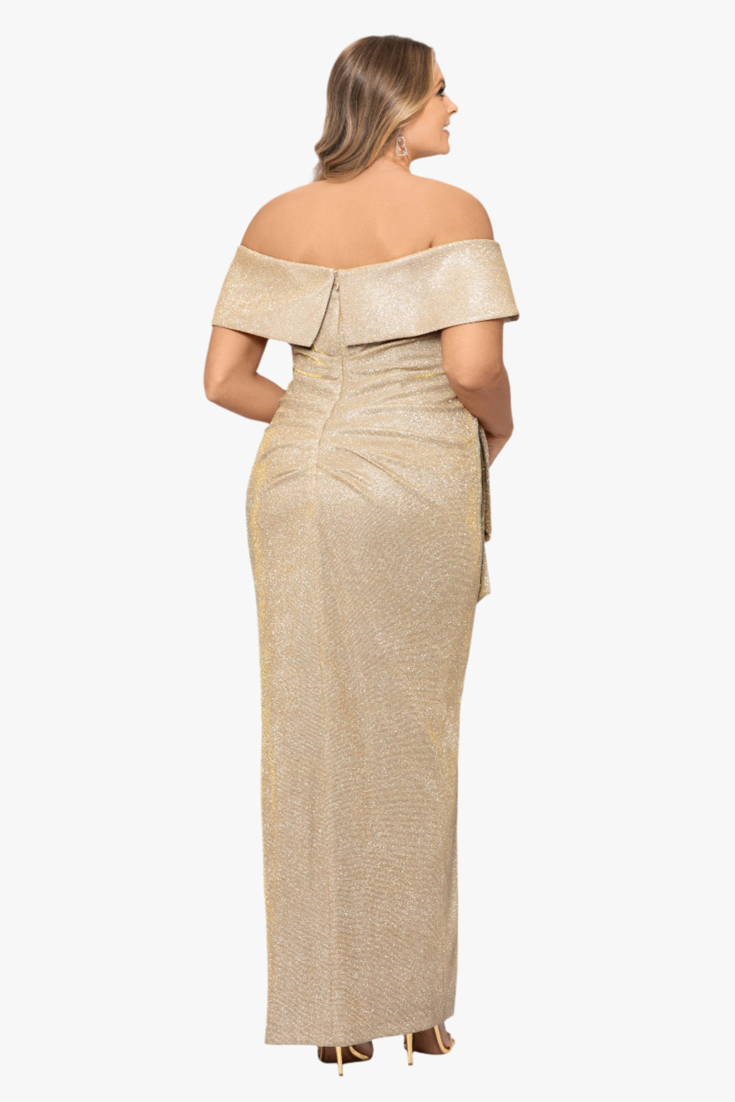 Plus "Tessa" Long Glitter Off the Shoulder Ruffle Dress