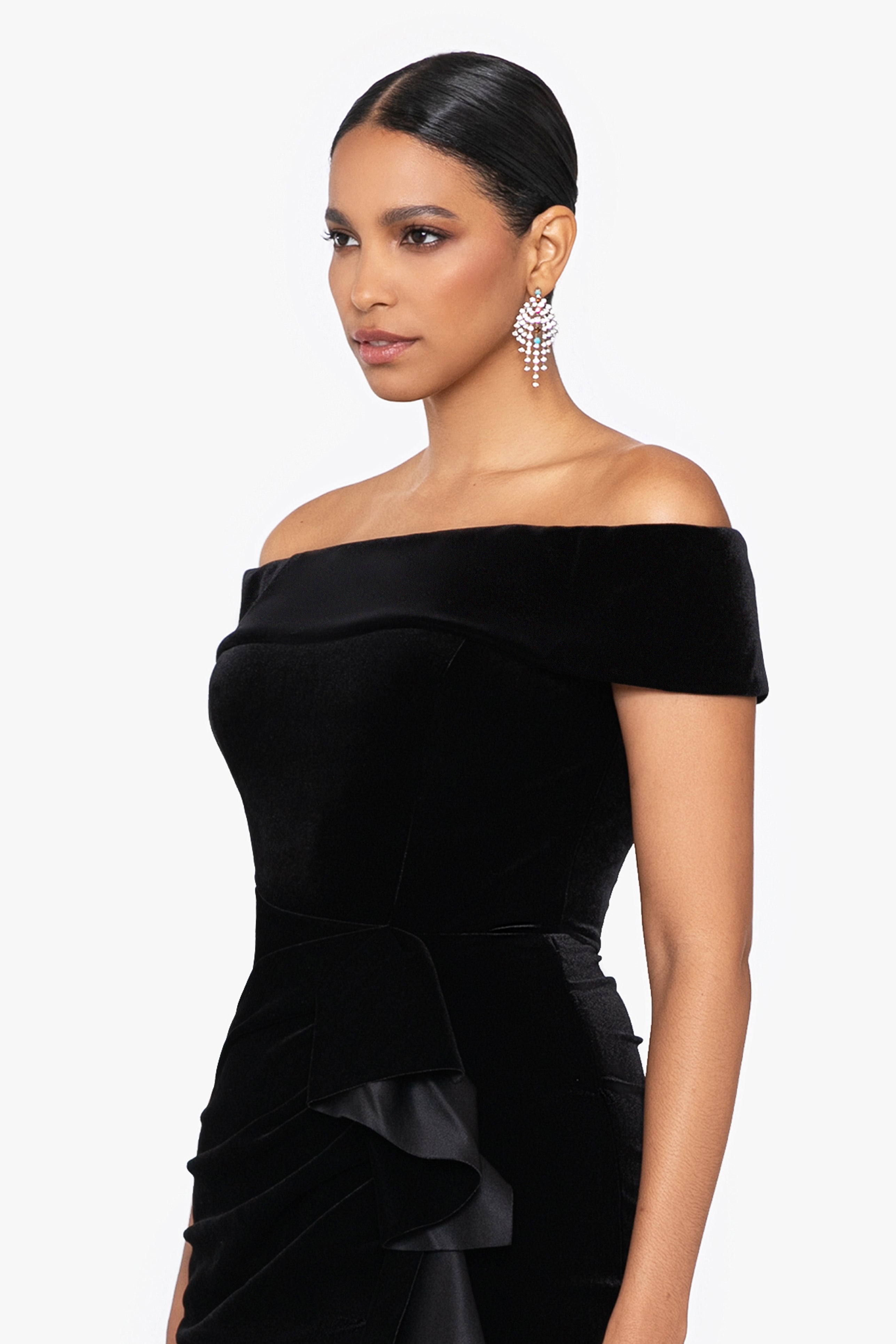"Cassandra" Off the Shoulder Velvet Ruffle Knee Length Dress
