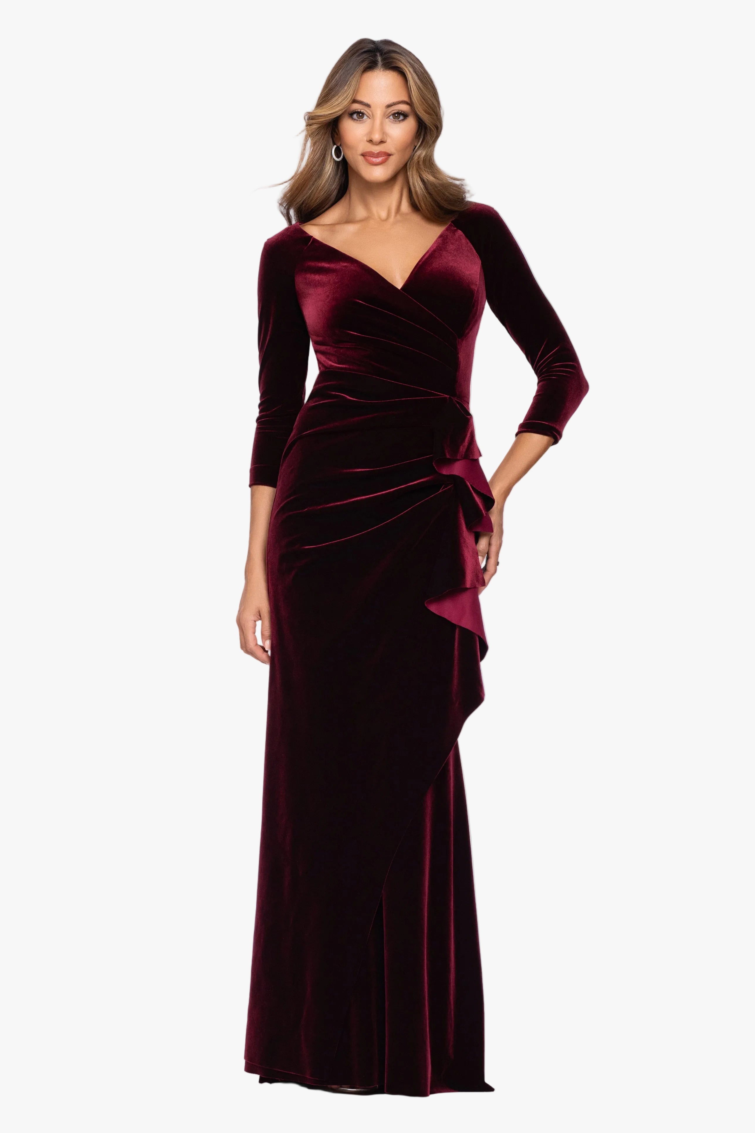 "Shae" Velvet Ruffle Front Long Sleeve Dress