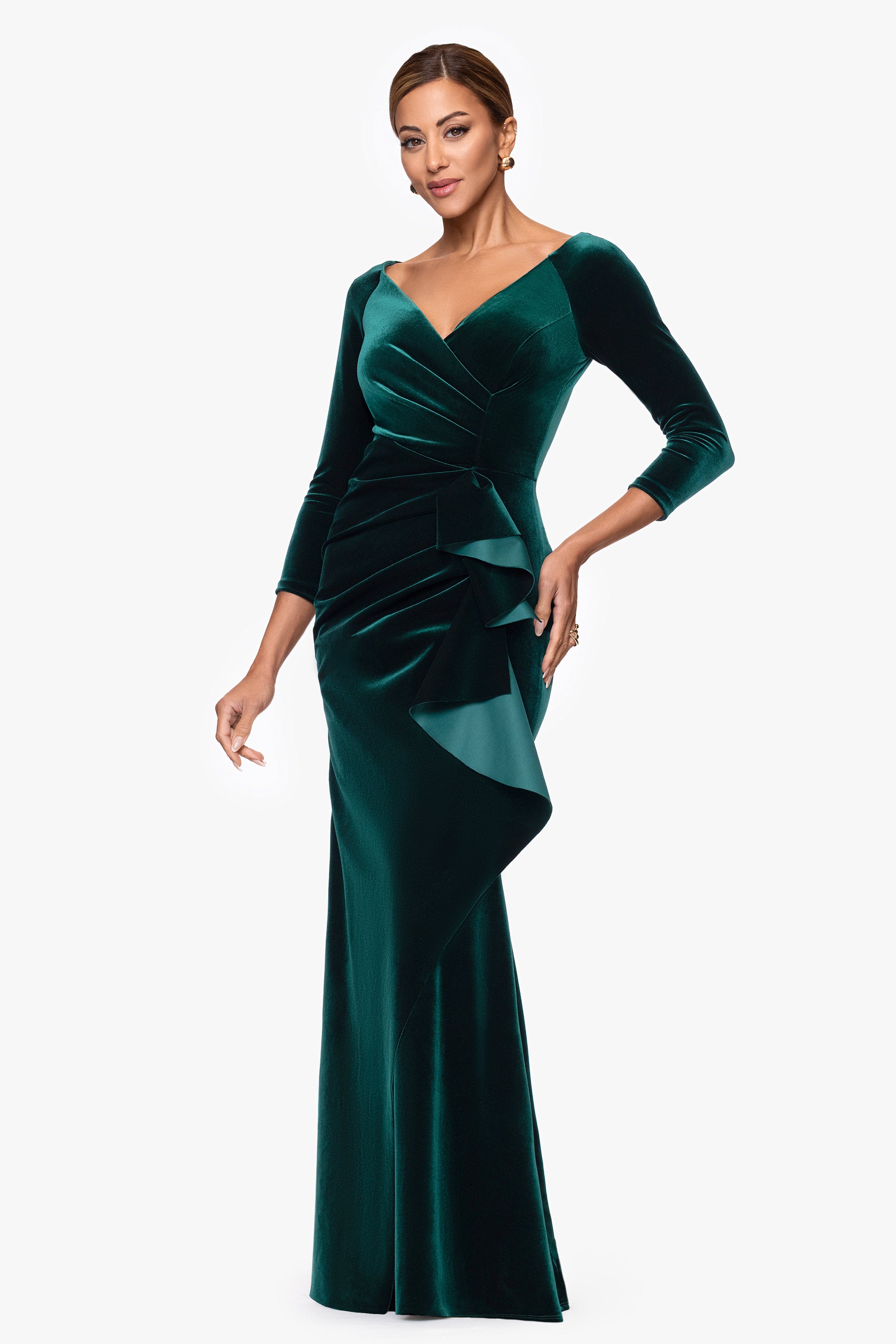 "Brenda" Velvet 3/4 Sleeve Ruffle Dress