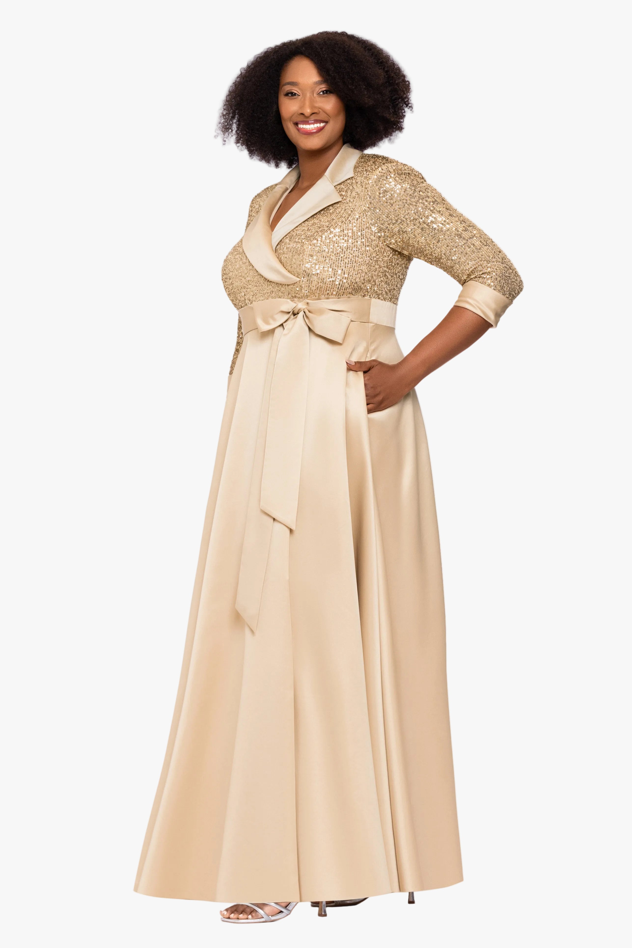 Plus "Megan" Tuxedo Sequin & Lamour Satin Ballgown