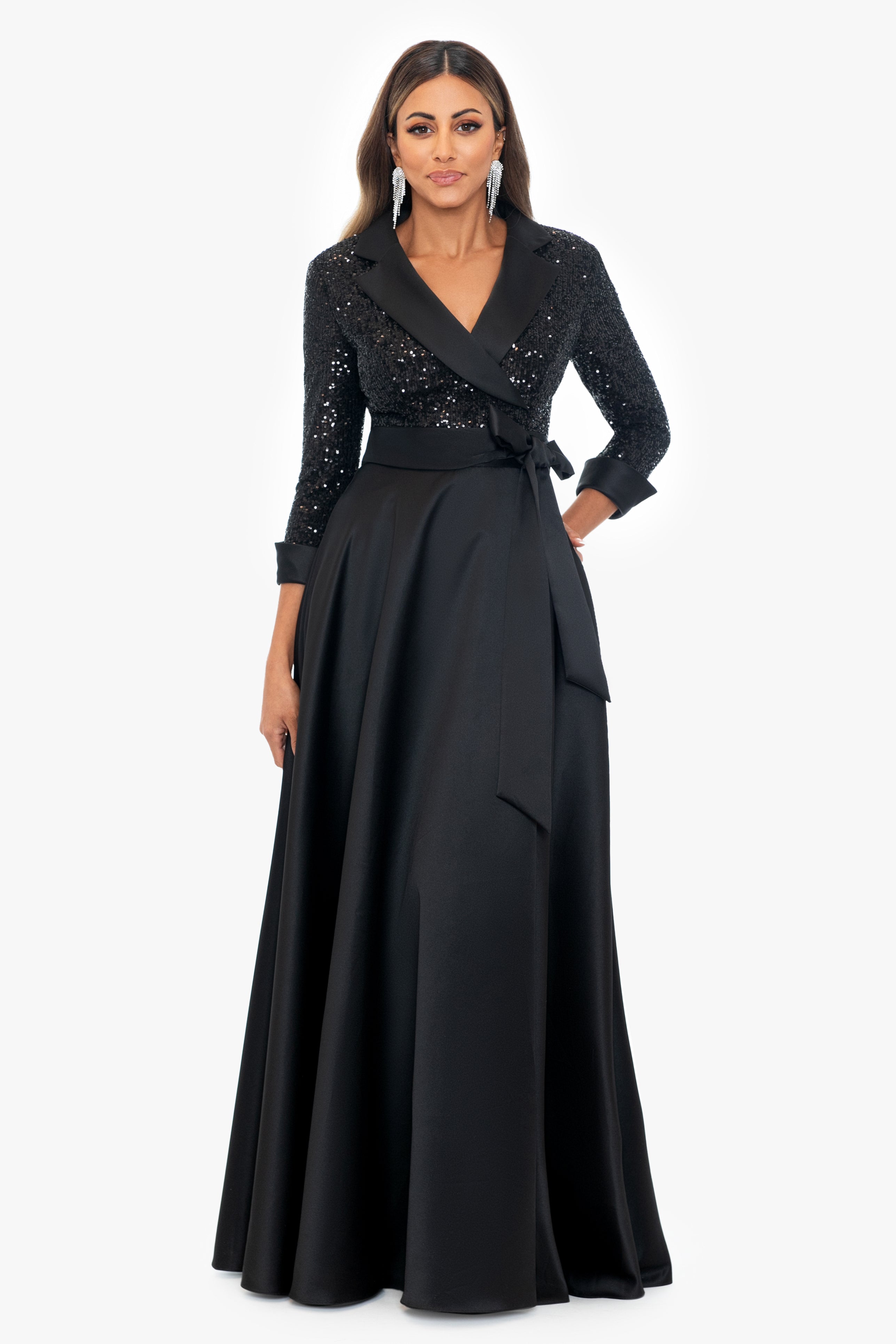"Jonna" Sequin Tuxedo Bodice and Satin Skirt Floor Length Dress