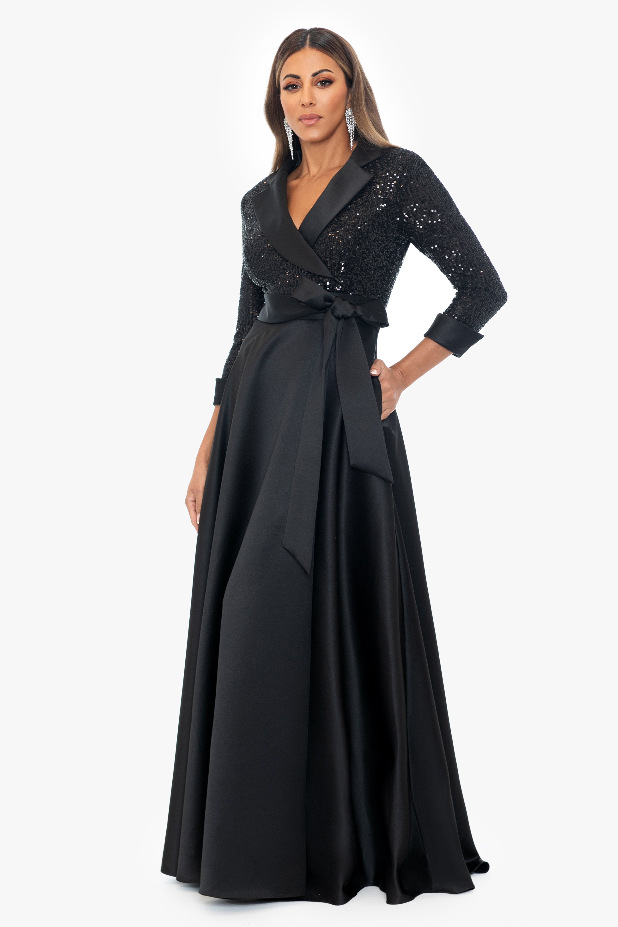 "Jonna" Sequin Tuxedo Bodice and Satin Skirt Floor Length Dress