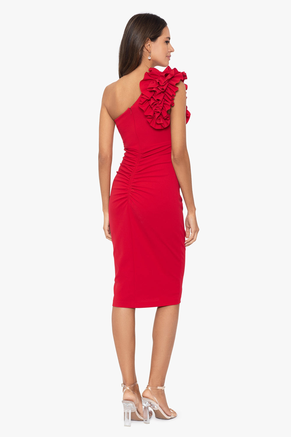 Model wearing red one shoulder knee length shoulder ruffle dress