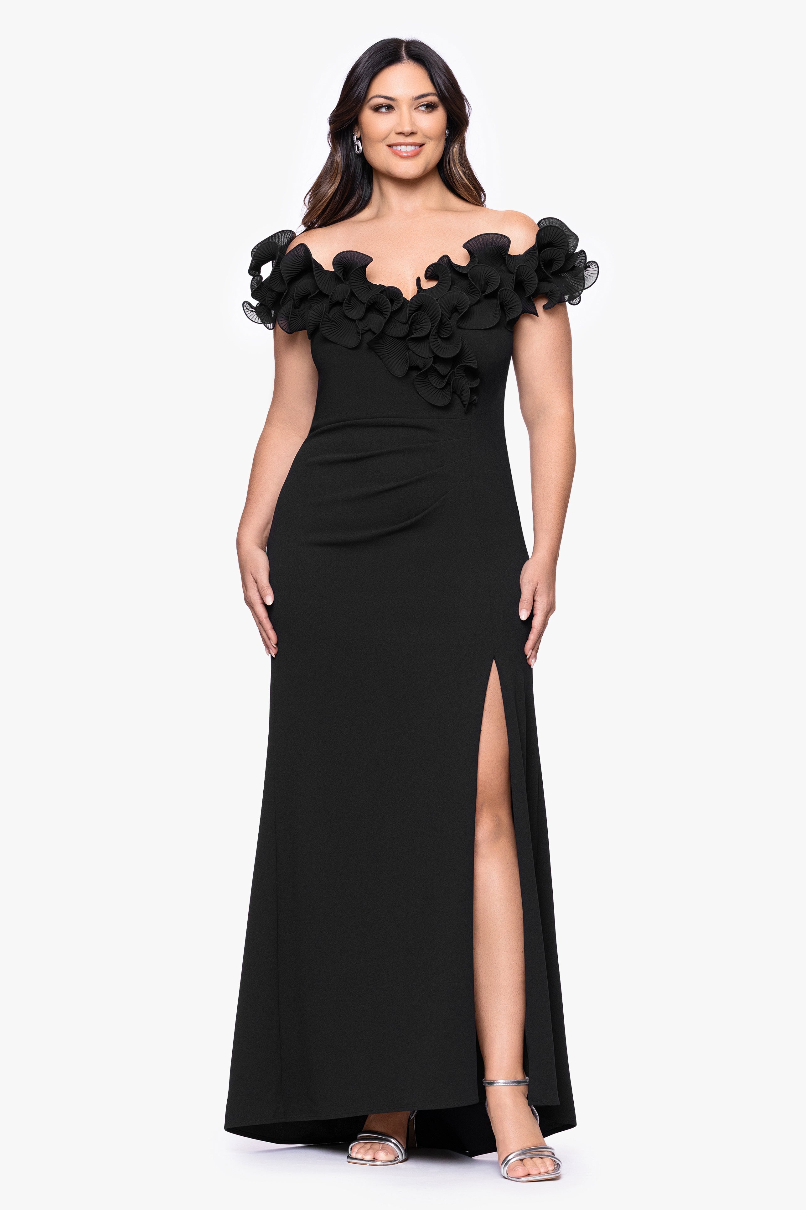 Plus "Anya" Scuba Crepe Off the Shoulder Chiffon Ruffle Neckline Floor Length Dress