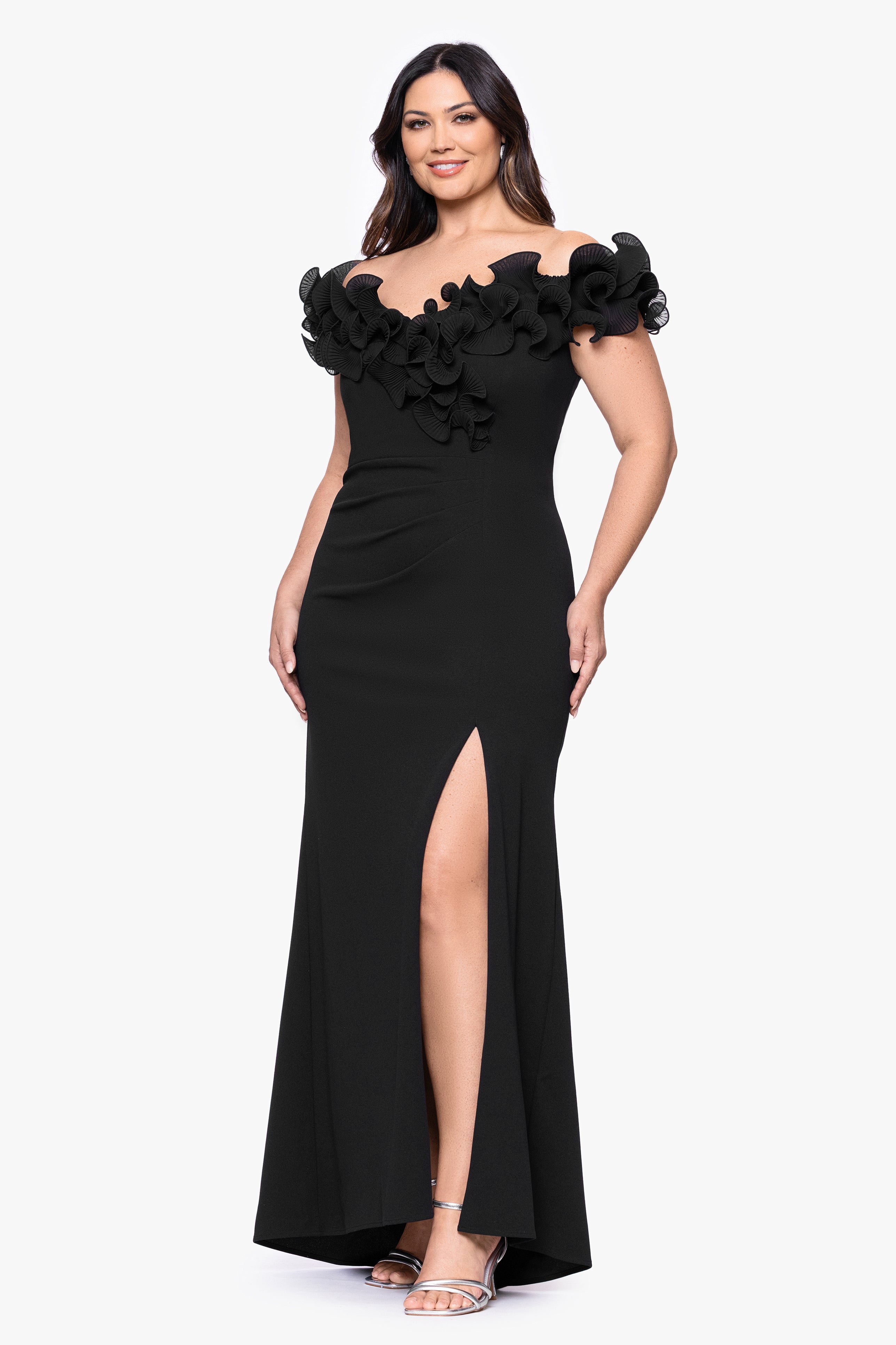 Plus "Anya" Scuba Crepe Off the Shoulder Chiffon Ruffle Neckline Floor Length Dress