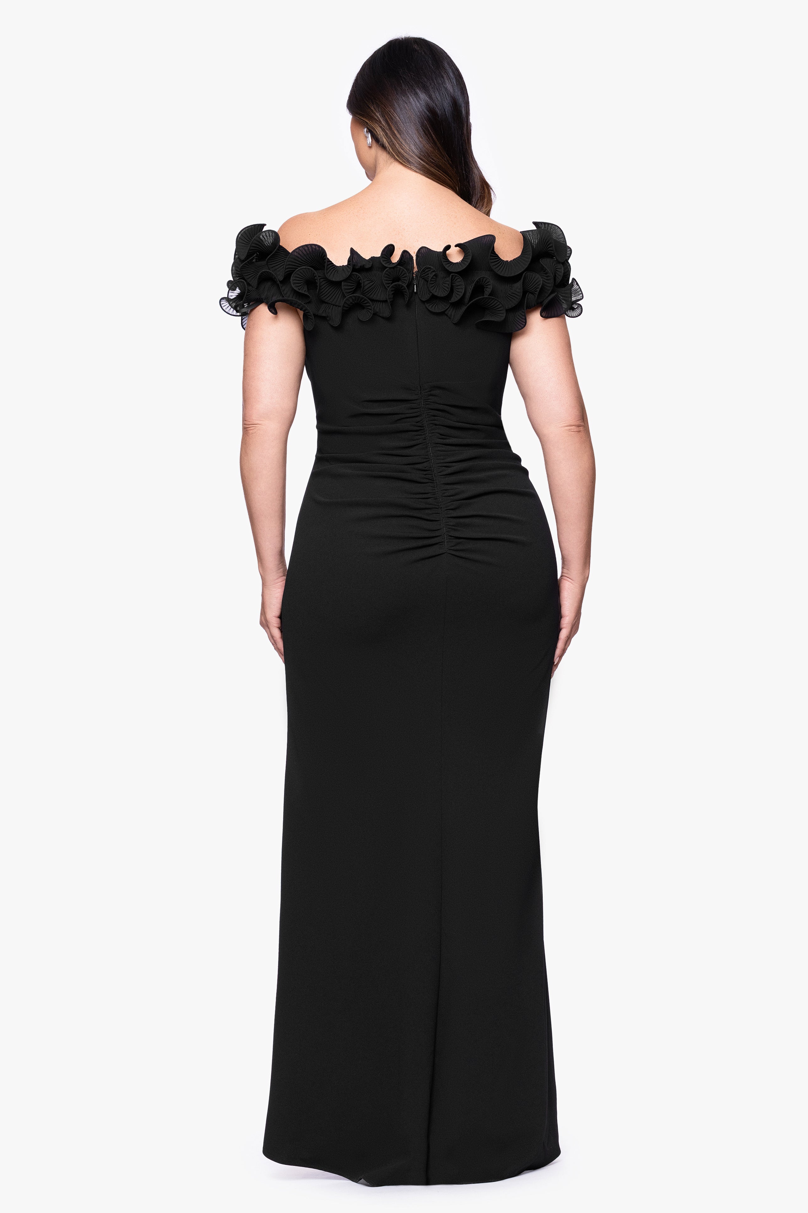 Plus "Anya" Scuba Crepe Off the Shoulder Chiffon Ruffle Neckline Floor Length Dress