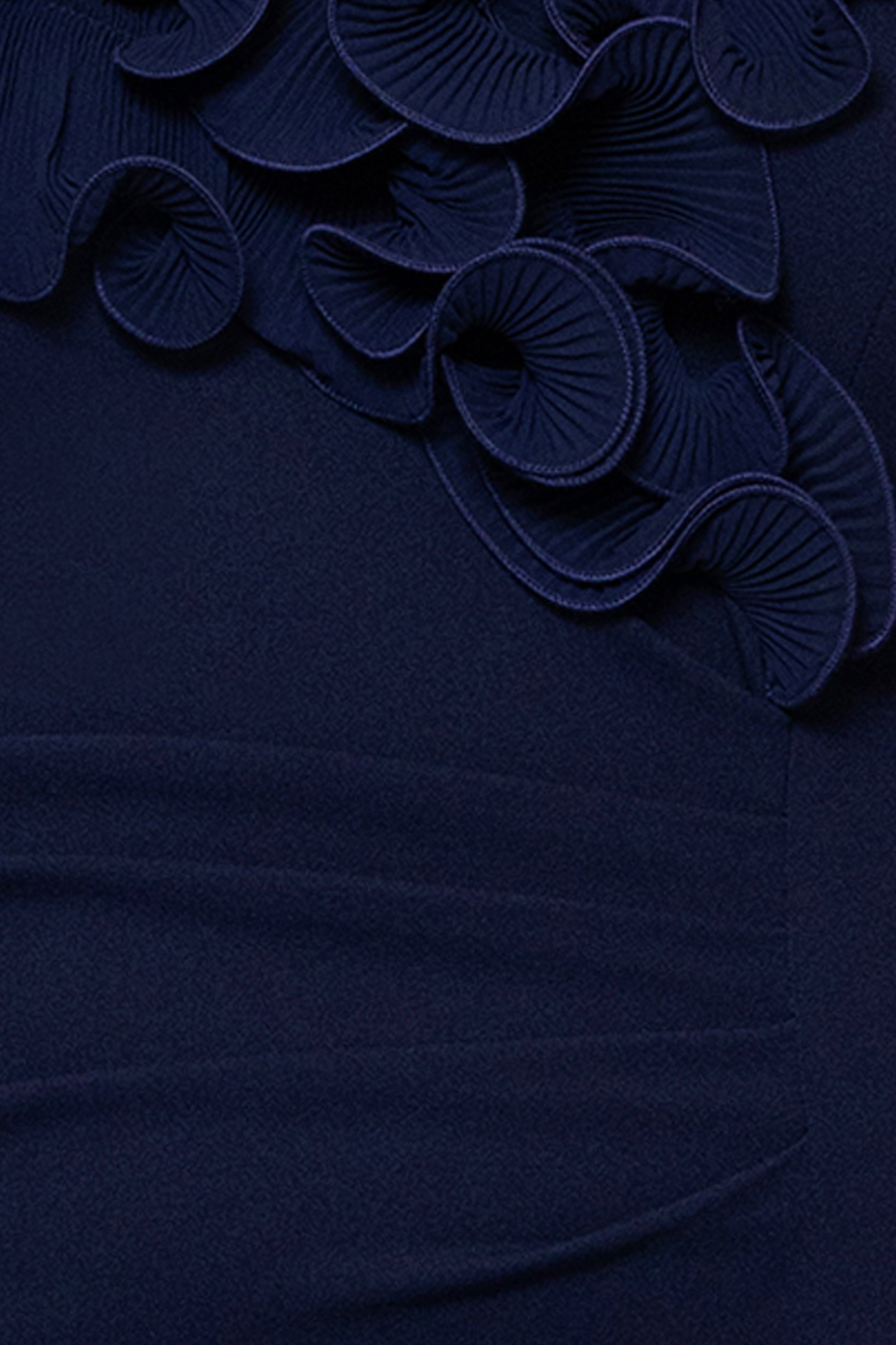 Petite "Anya" Scuba Crepe Off the Shoulder Chiffon Ruffle Neckline Dress