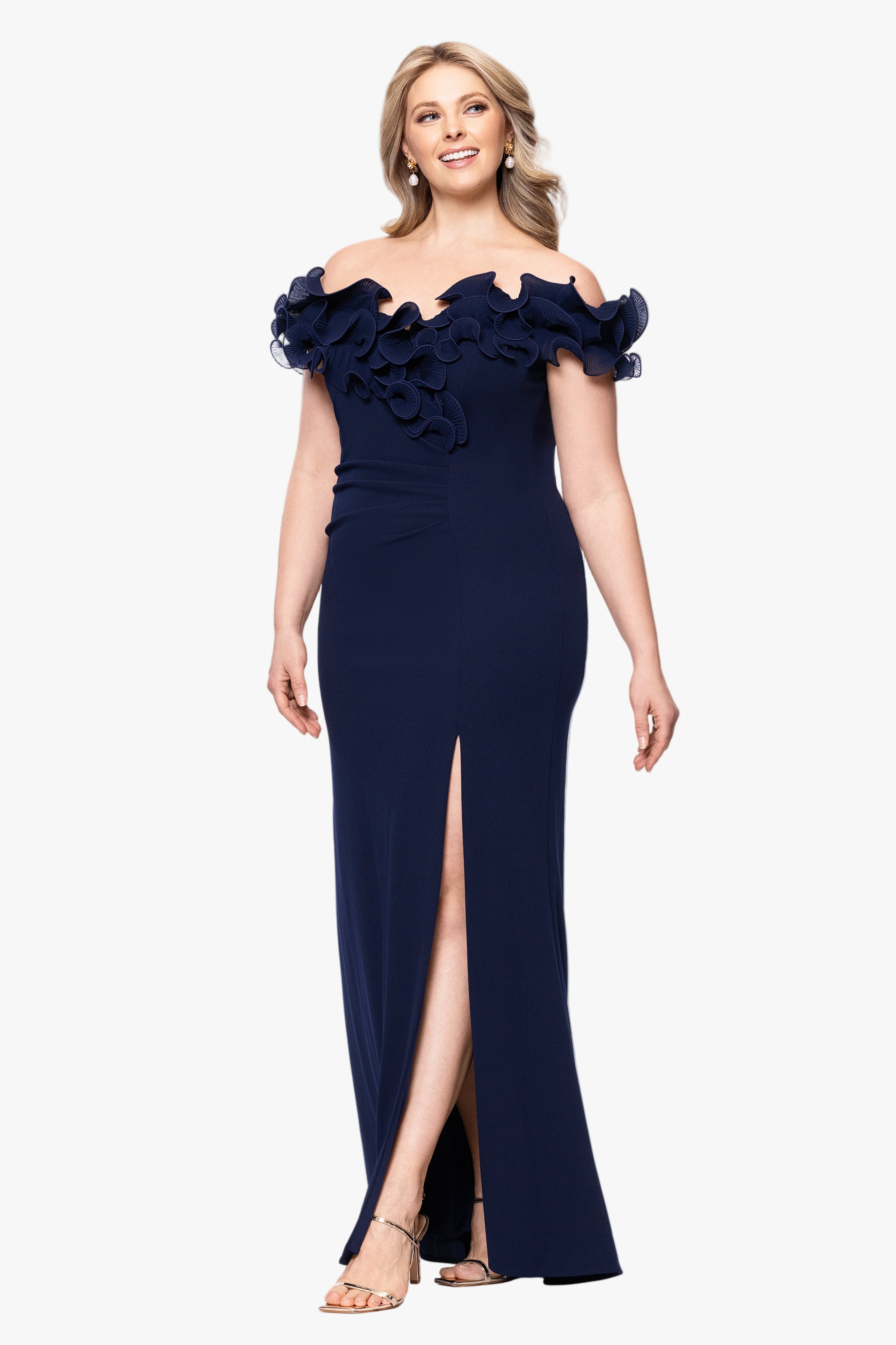 Plus "Anya" Scuba Crepe Off the Shoulder Chiffon Ruffle Neckline Floor Length Dress