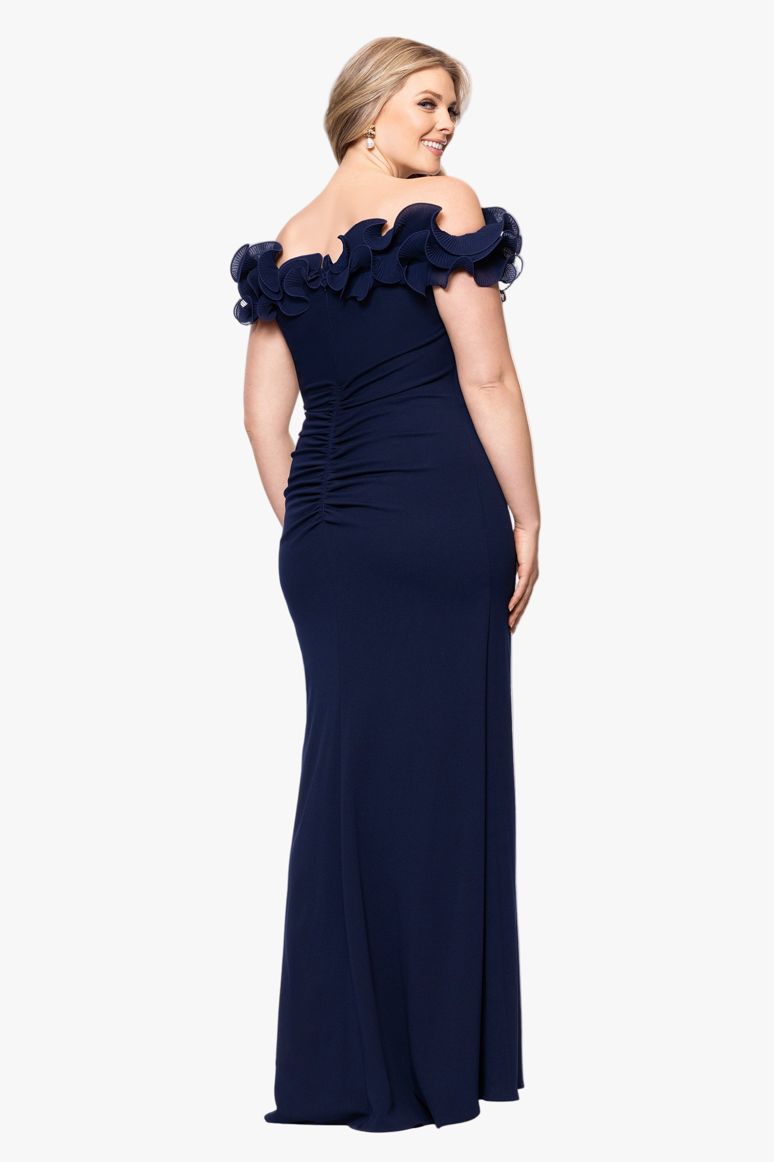 Plus "Anya" Scuba Crepe Off the Shoulder Chiffon Ruffle Neckline Floor Length Dress