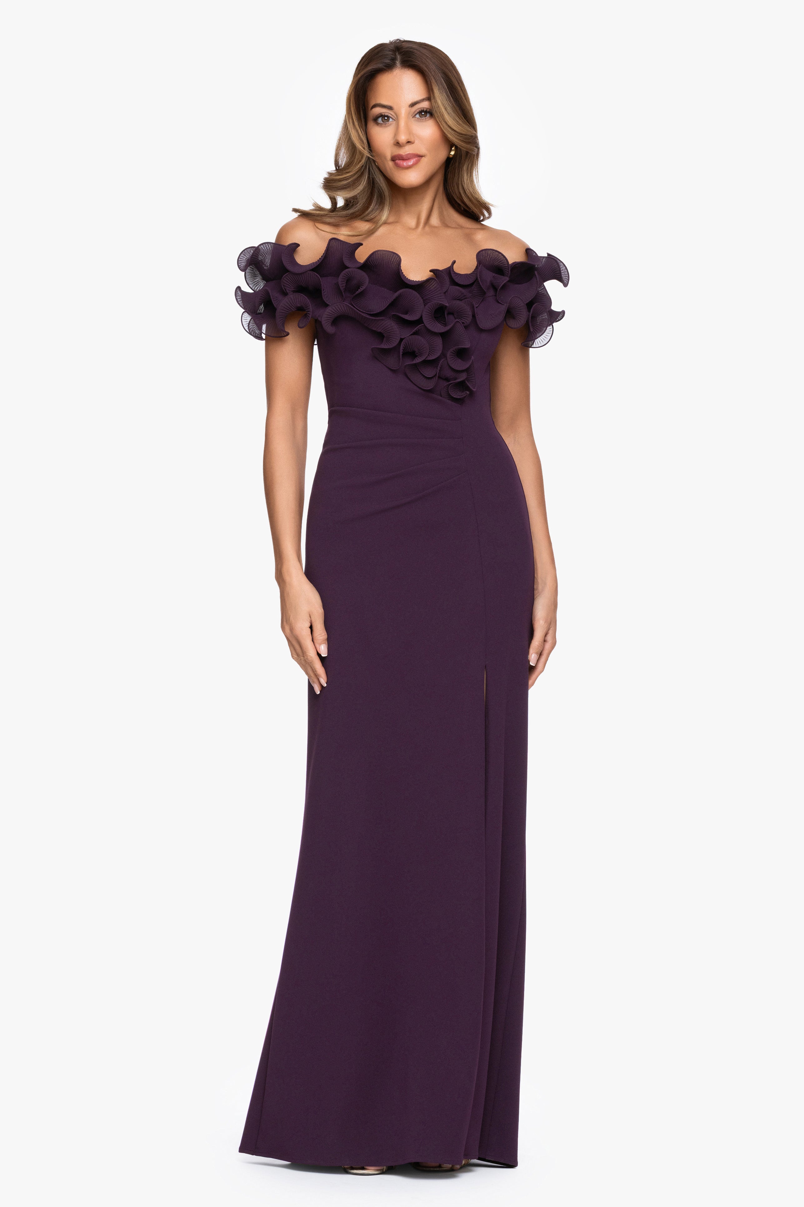 "Anya" Scuba Crepe Off the Shoulder Chiffon Ruffle Neckline Floor Length Dress