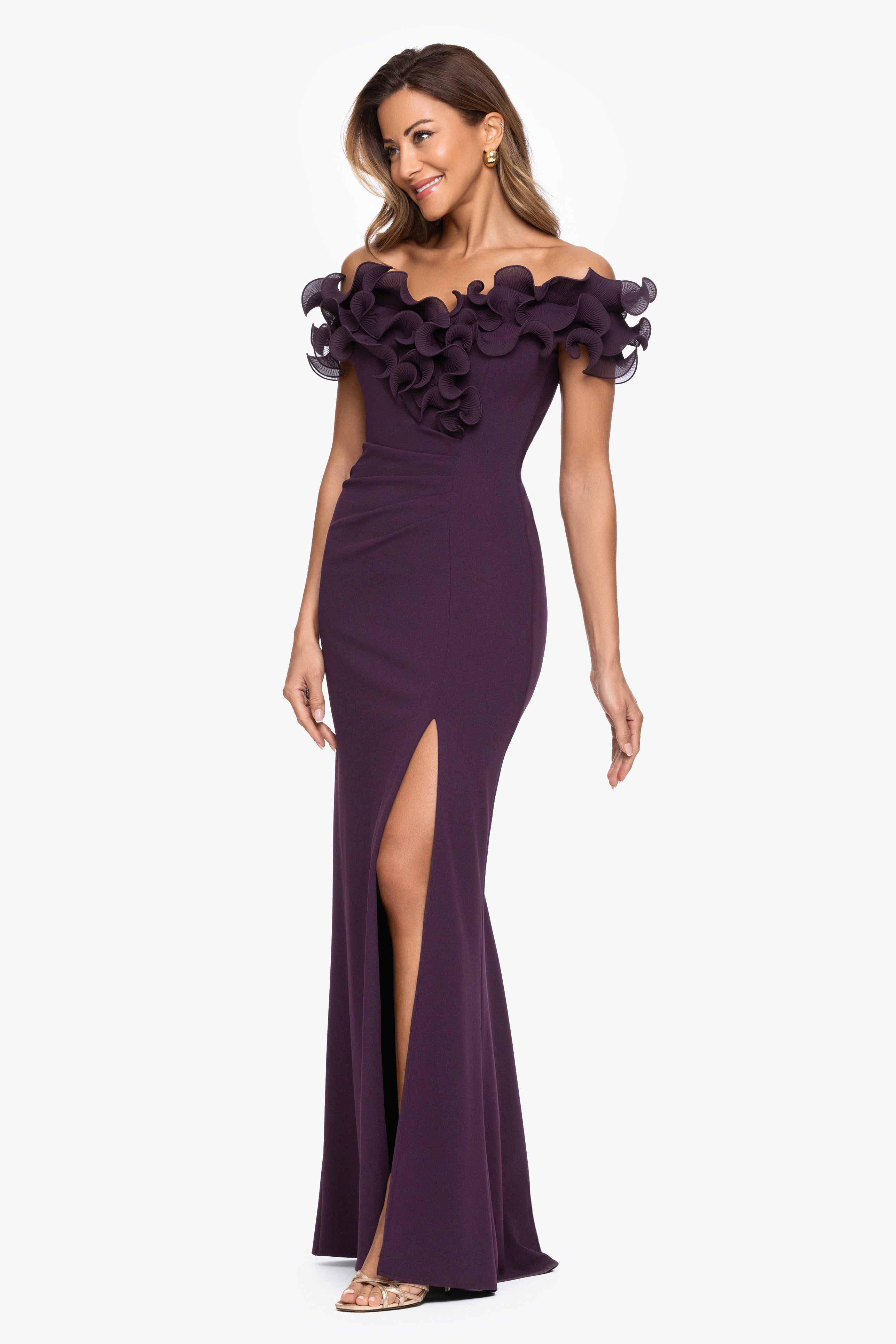 "Anya" Scuba Crepe Off the Shoulder Chiffon Ruffle Neckline Floor Length Dress