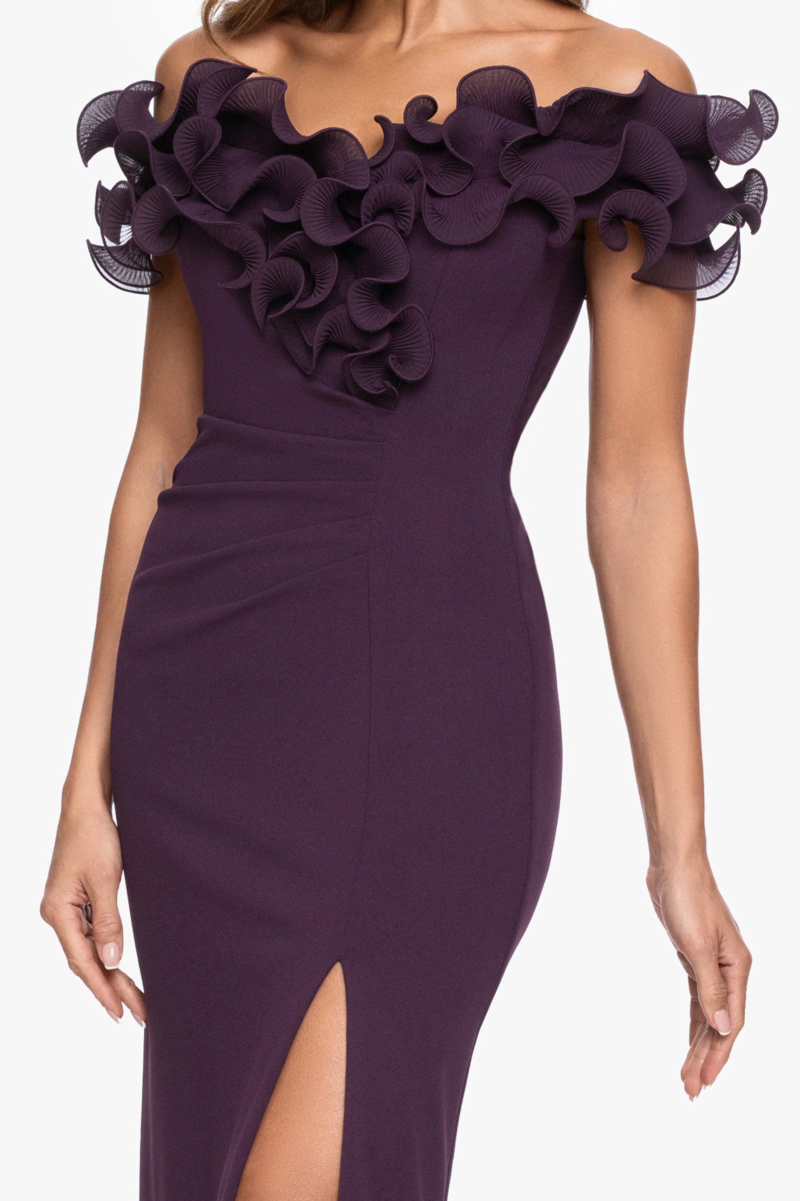 "Anya" Scuba Crepe Off the Shoulder Chiffon Ruffle Neckline Floor Length Dress