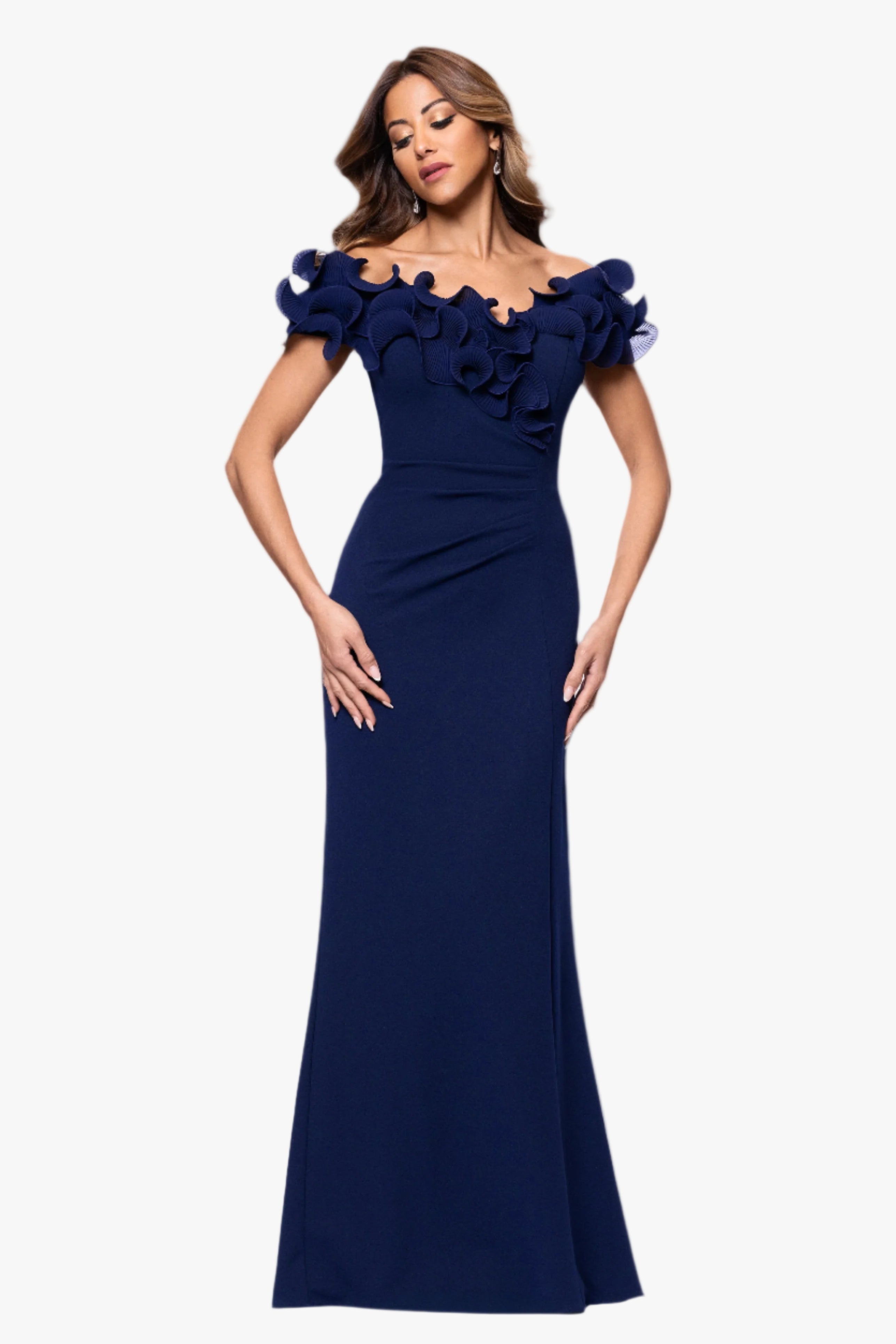 "Anya" Scuba Crepe Off the Shoulder Chiffon Ruffle Neckline Floor Length Dress