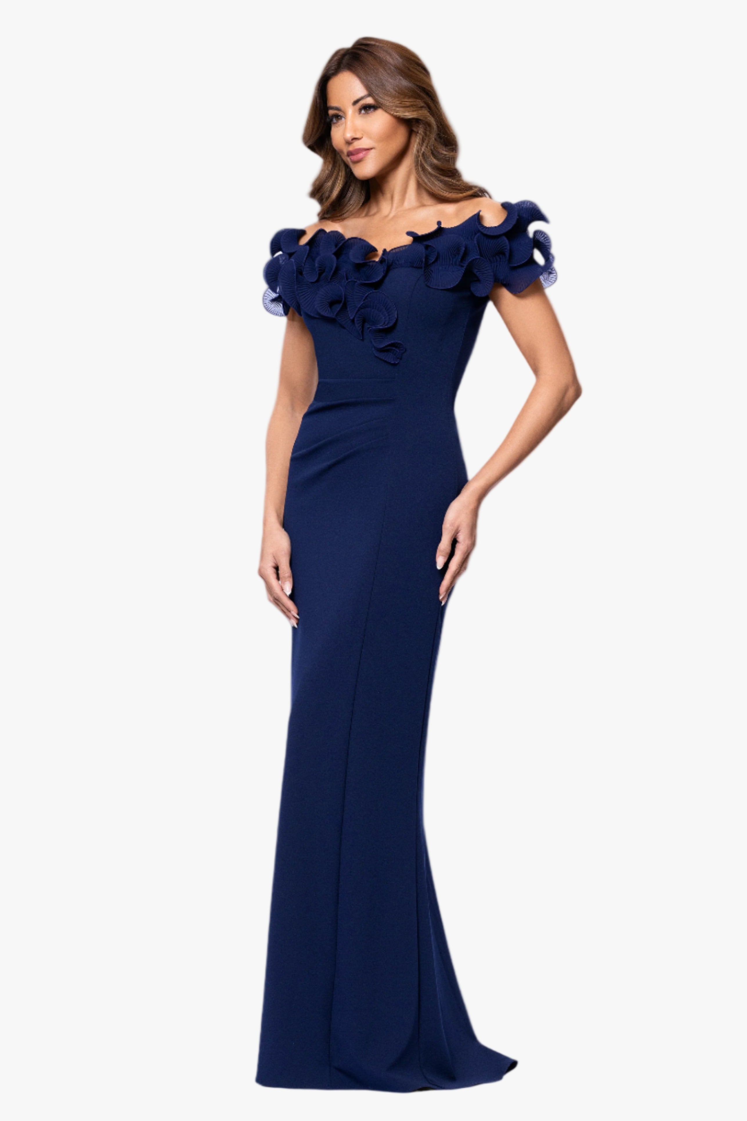 "Anya" Scuba Crepe Off the Shoulder Chiffon Ruffle Neckline Floor Length Dress