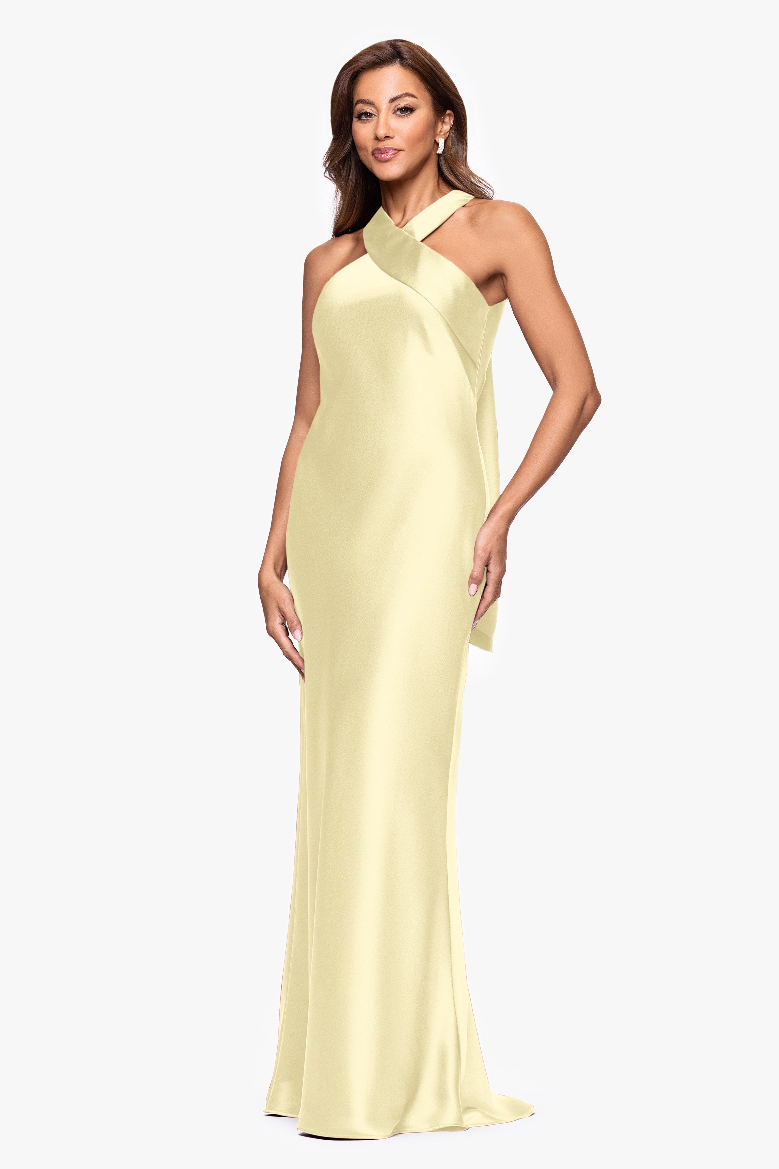 "Francesca" Satin Halter Tie Neck Floor Length Dress