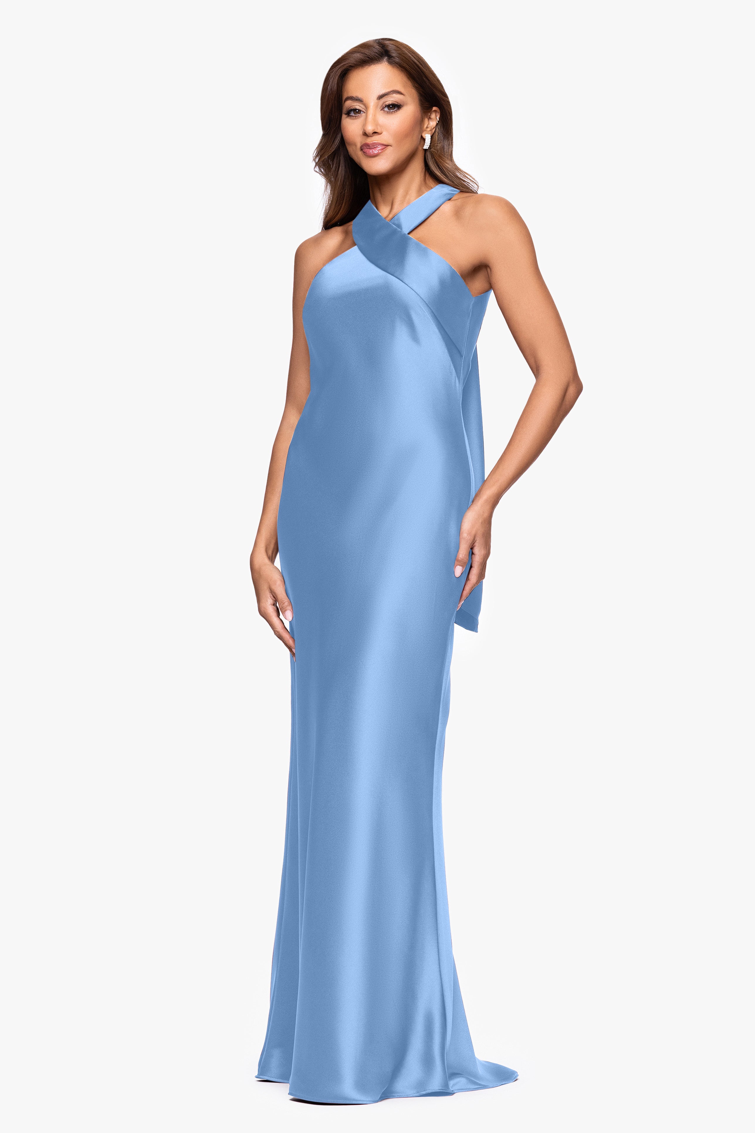 "Francesca" Satin Halter Tie Neck Floor Length Dress
