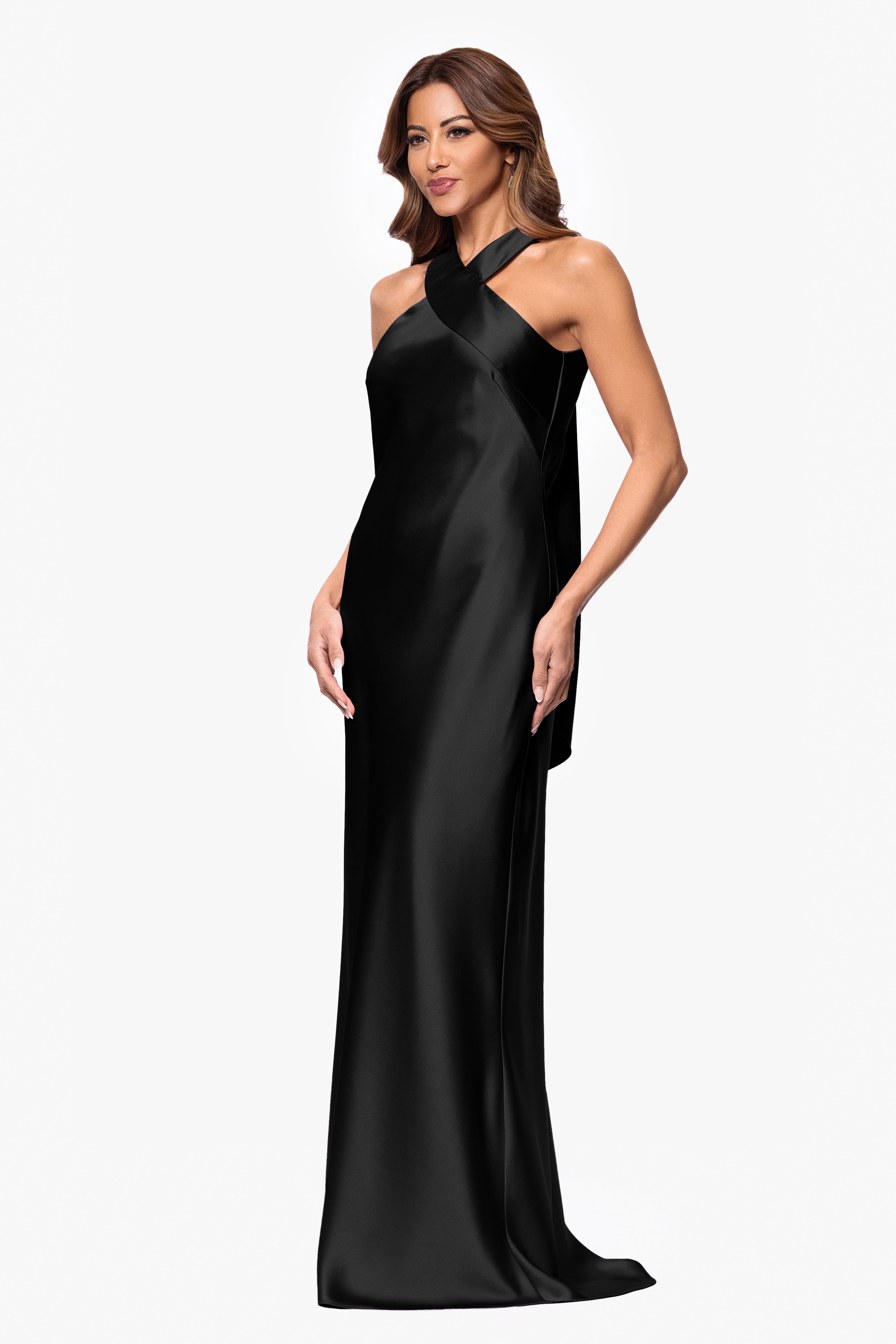 "Francesca" Satin Halter Tie Neck Floor Length Dress