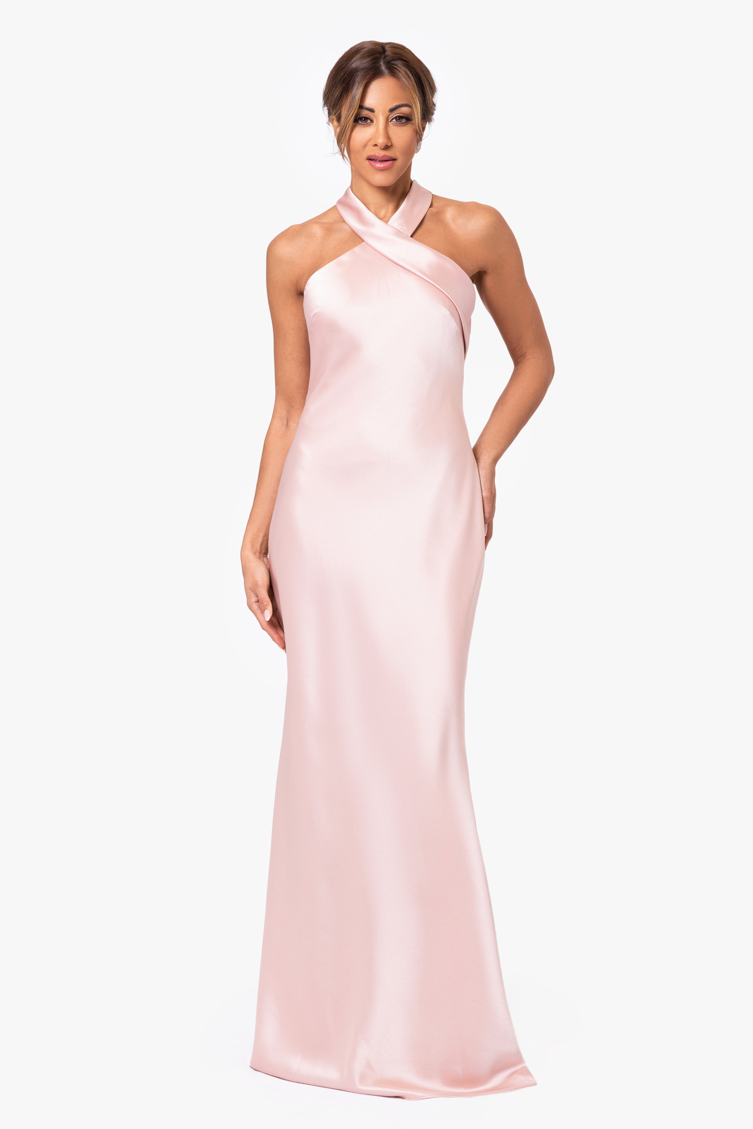"Francesca" Satin Halter Tie Neck Floor Length Dress