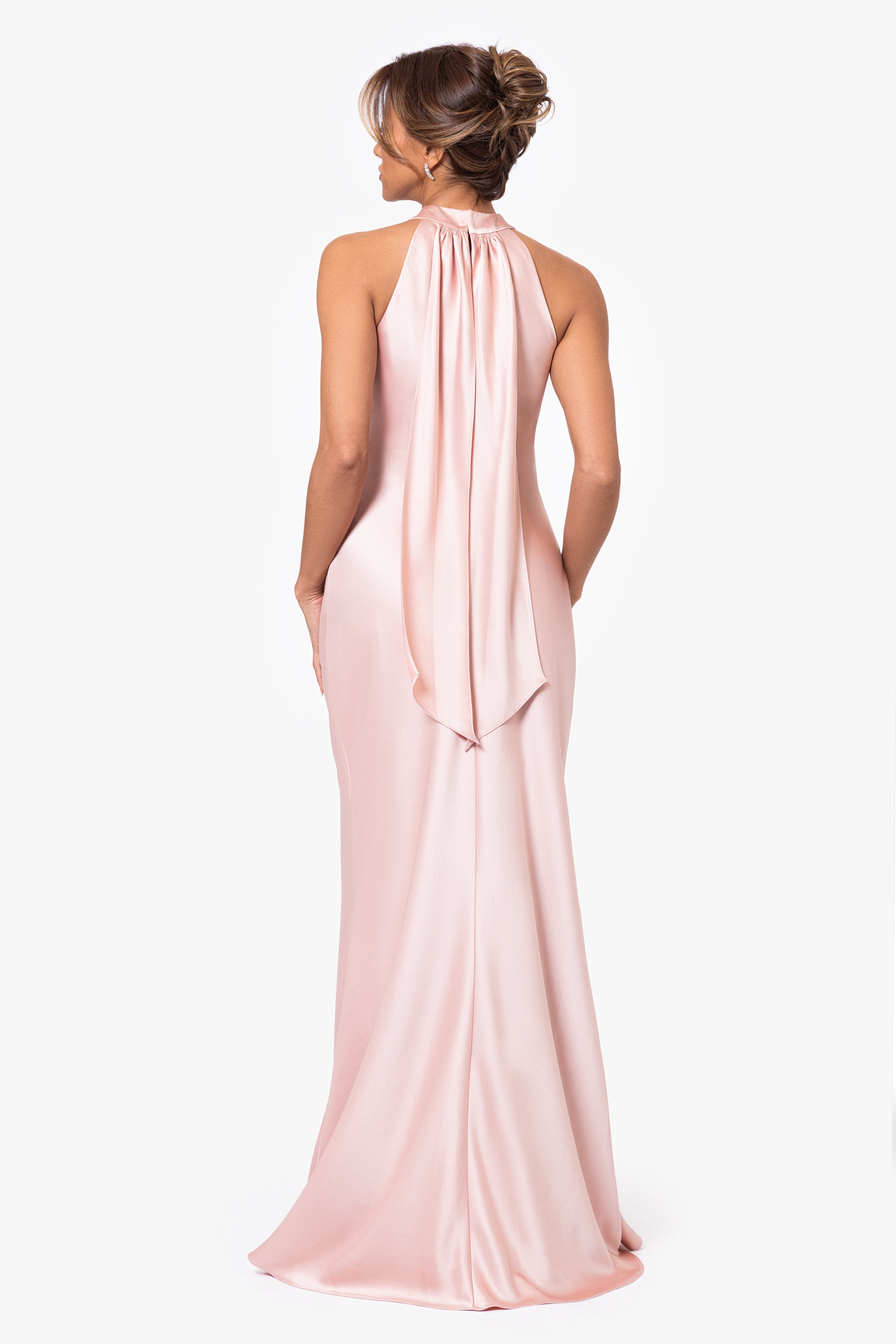 "Francesca" Satin Halter Tie Neck Floor Length Dress