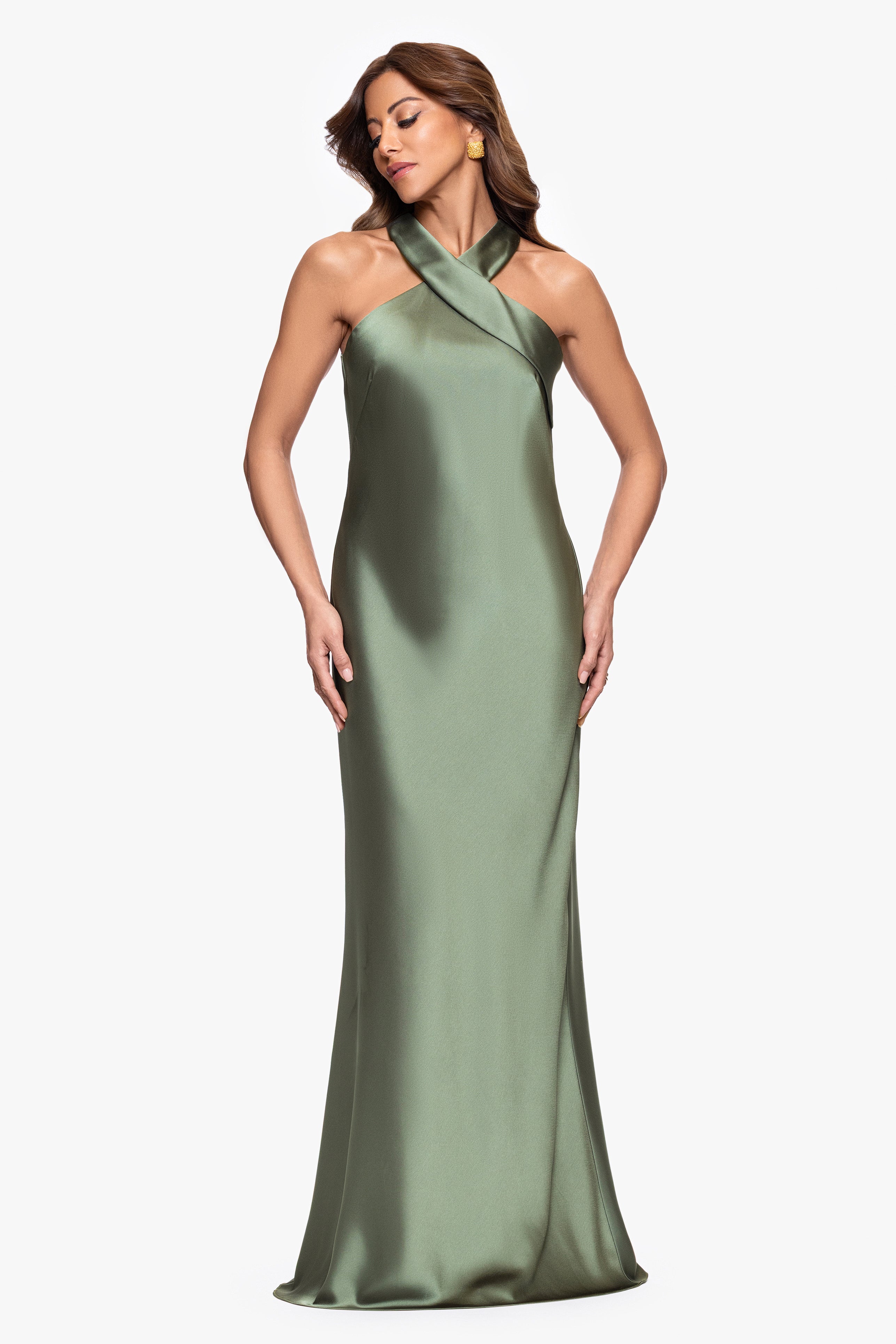 "Francesca" Satin Halter Tie Neck Floor Length Dress