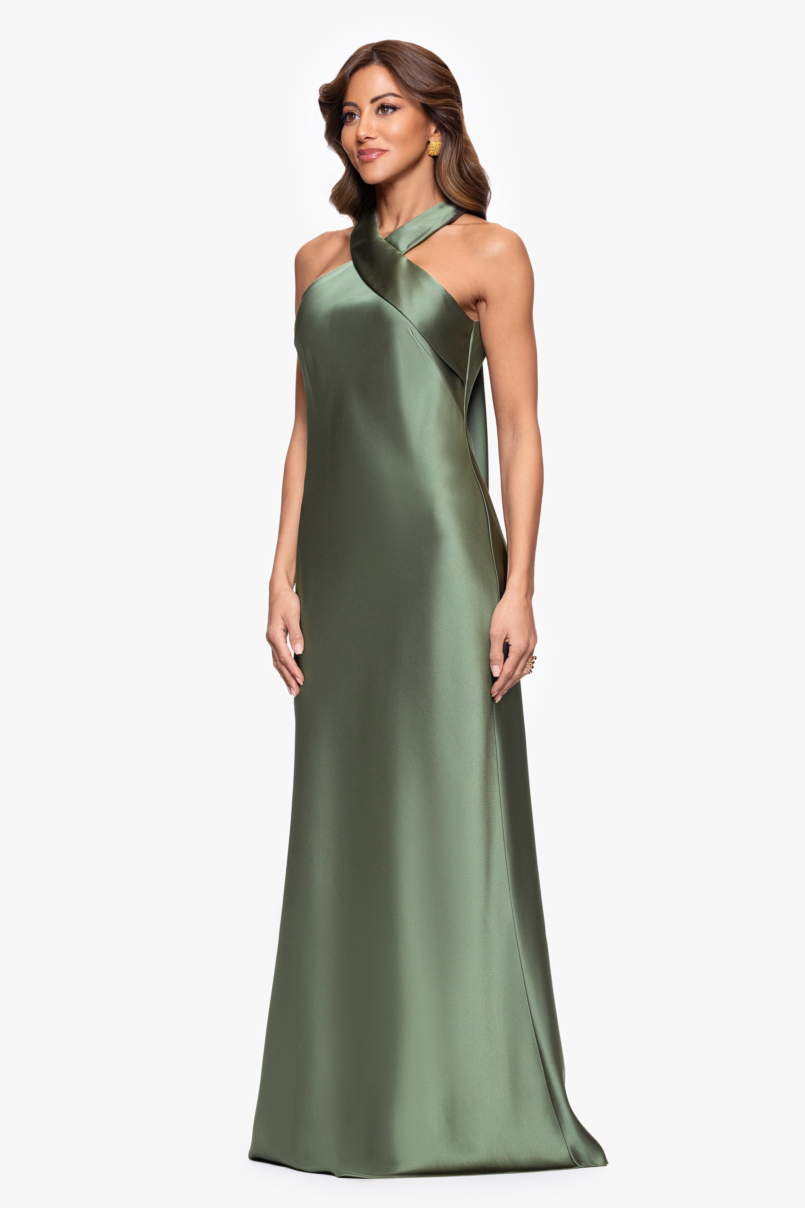 "Francesca" Satin Halter Tie Neck Floor Length Dress