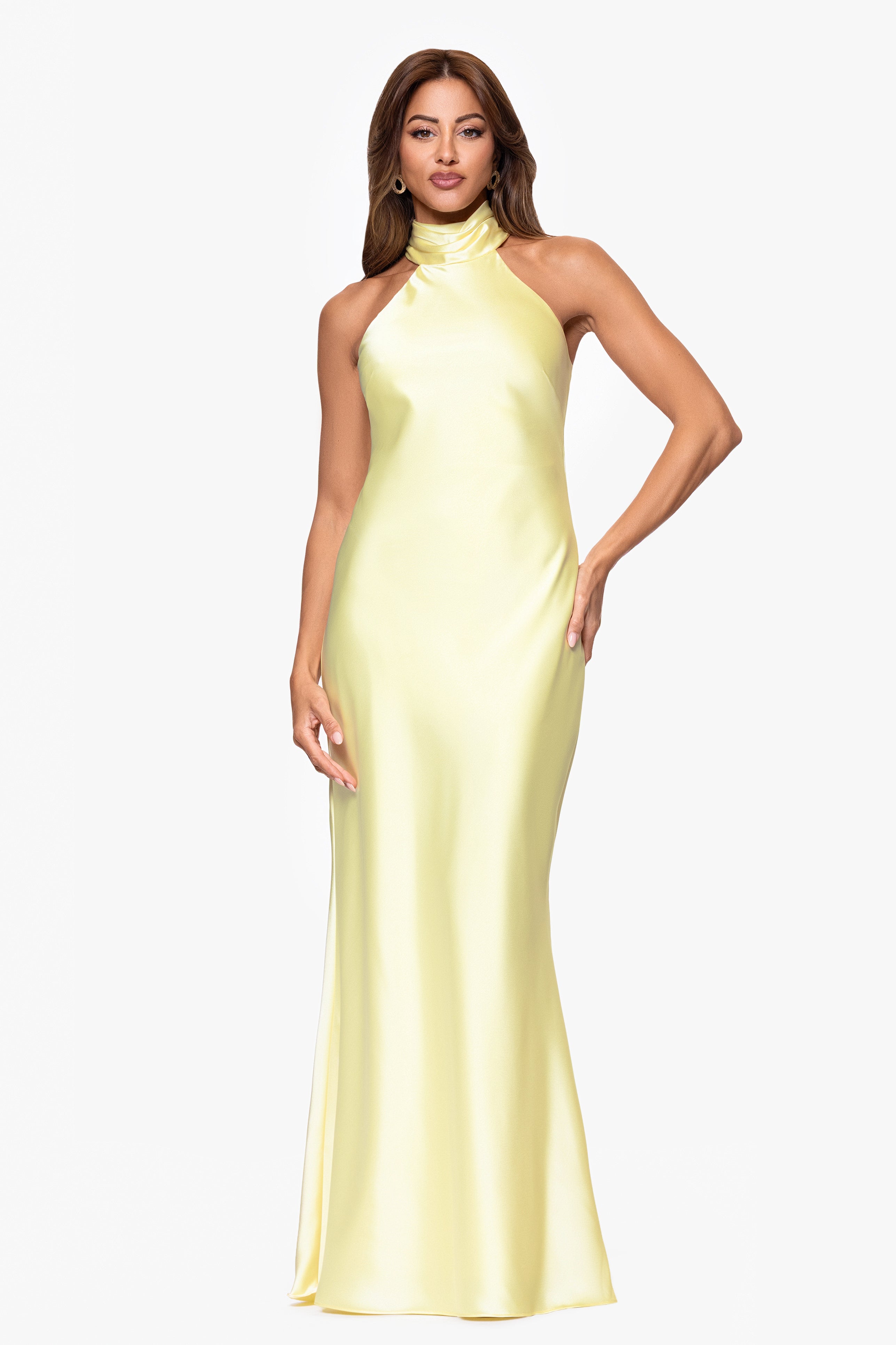 Petite "Ruth" Satin High Tie Neck Backless Floor Length Dress