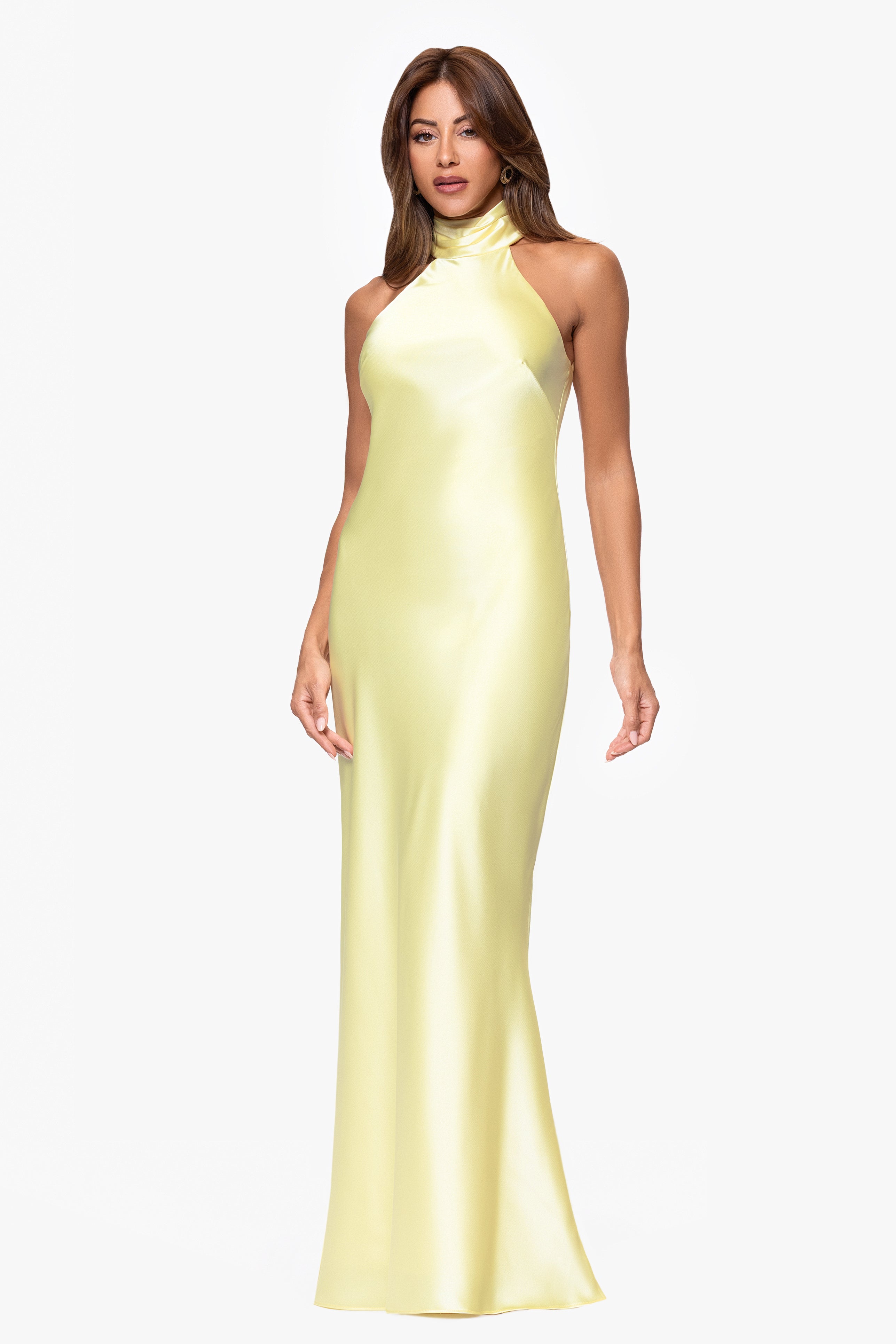 Petite "Ruth" Satin High Tie Neck Backless Floor Length Dress