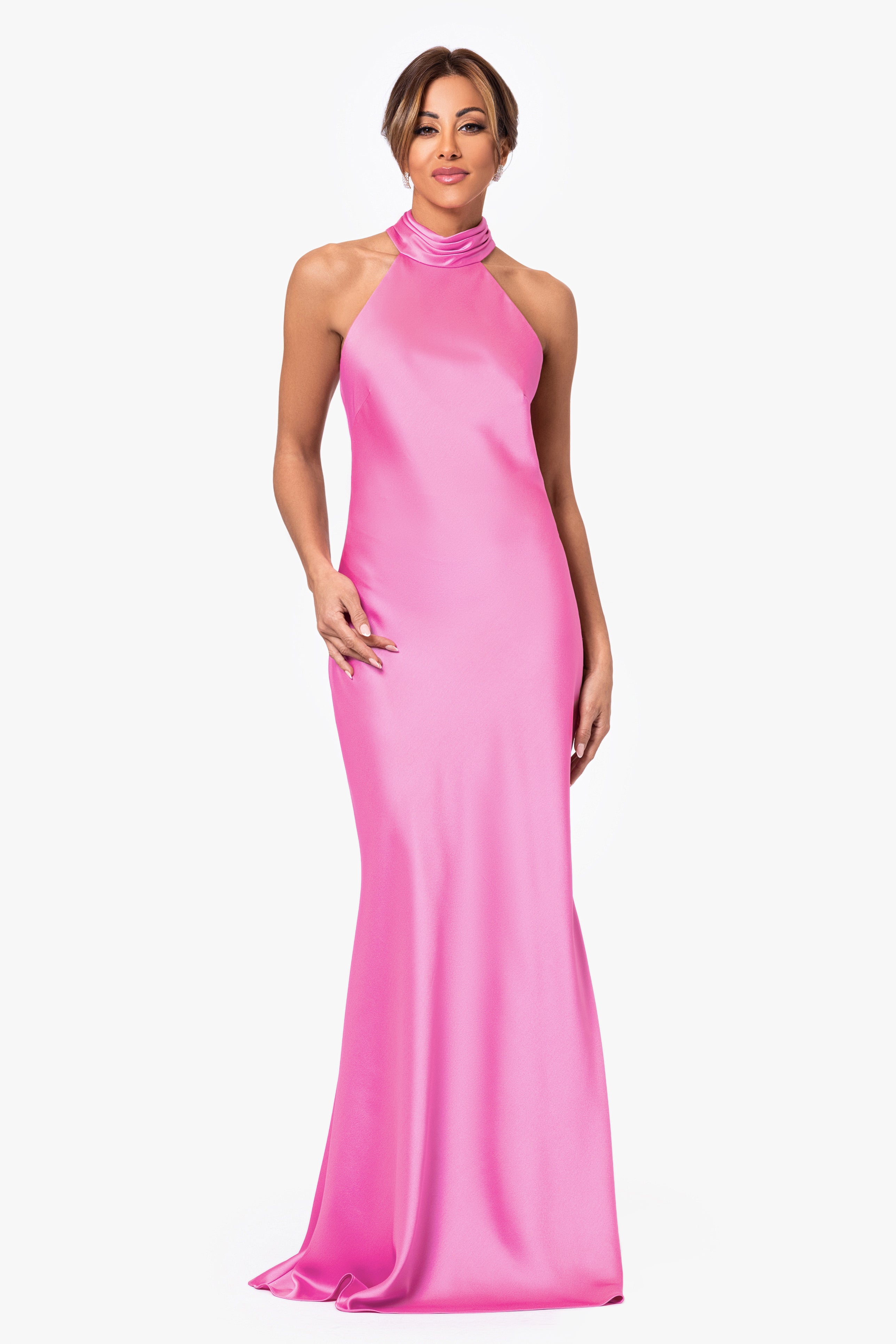 "Ruth" Satin High Tie Neck Backless Floor Length Dress
