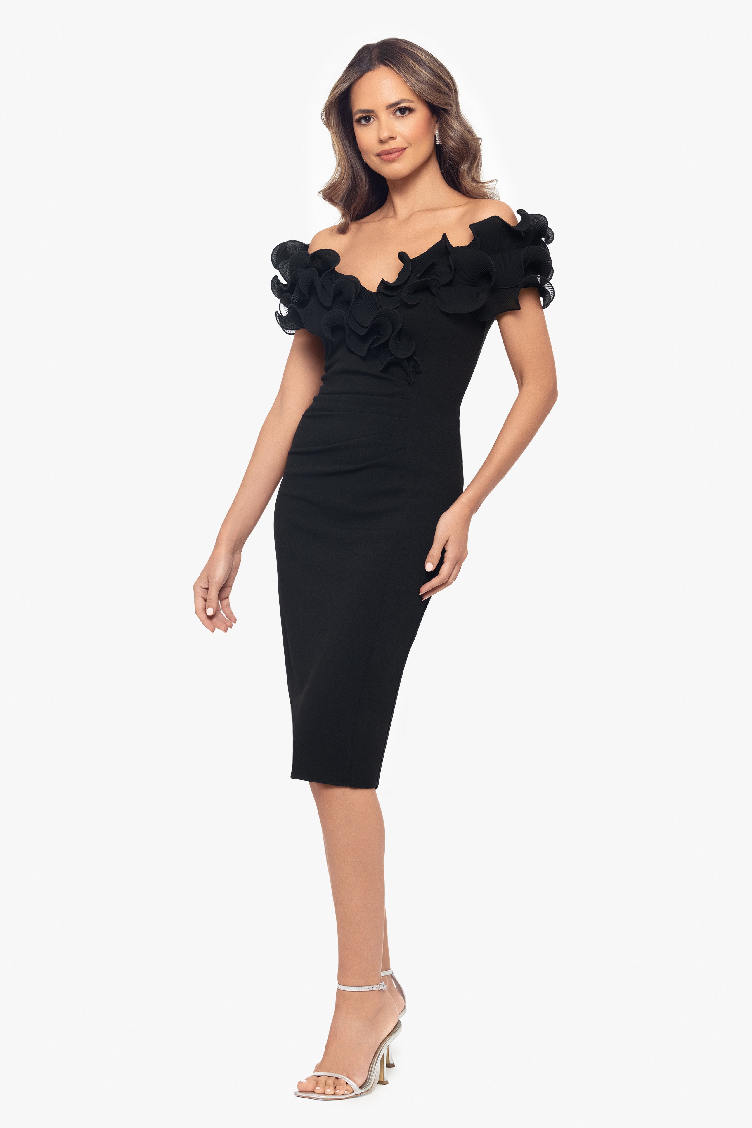 "Natalia" Scuba Crepe Off the Shoulder Ruffle Neck Knee Length Dress