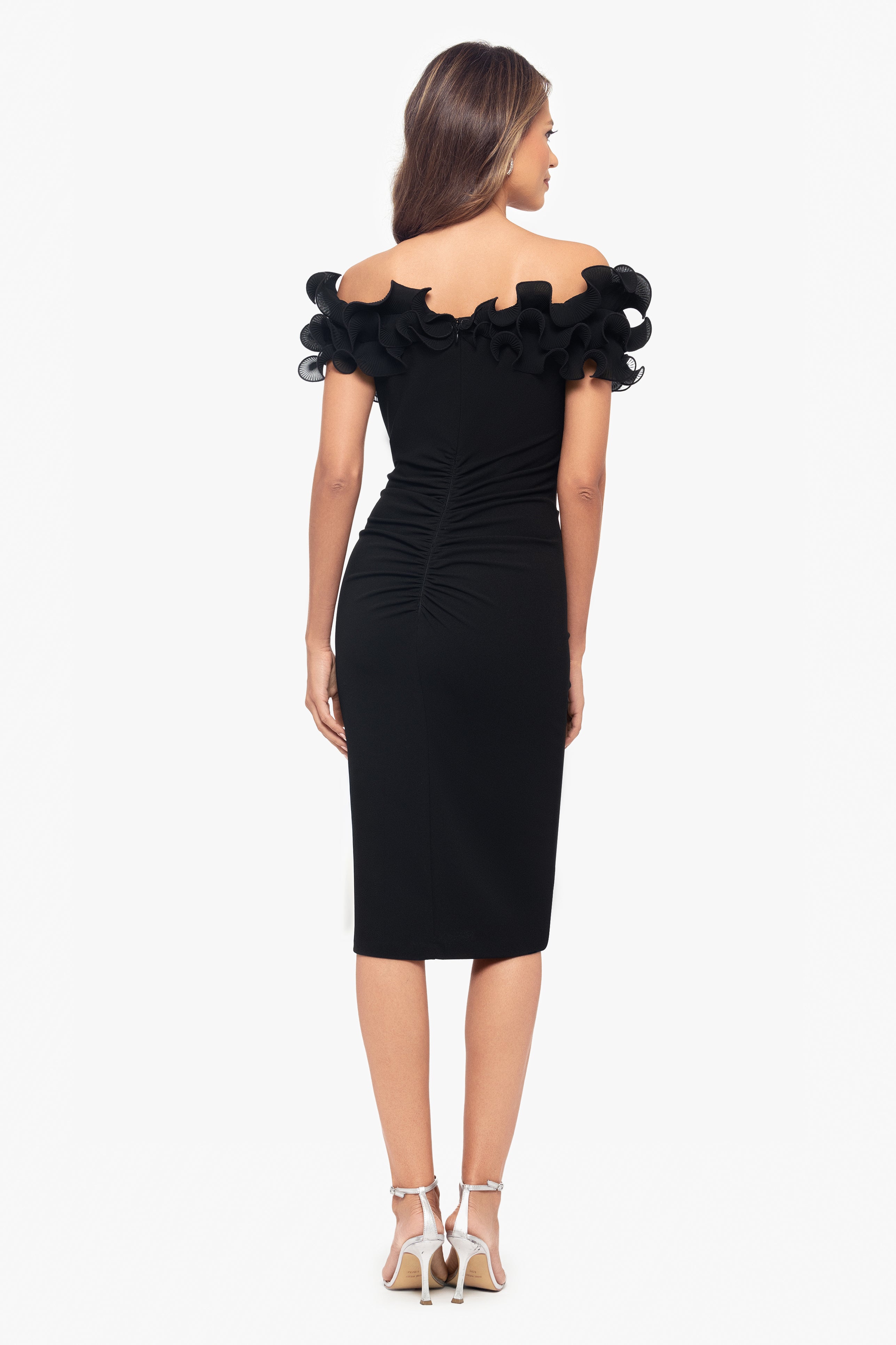 "Natalia" Scuba Crepe Off the Shoulder Ruffle Neck Knee Length Dress