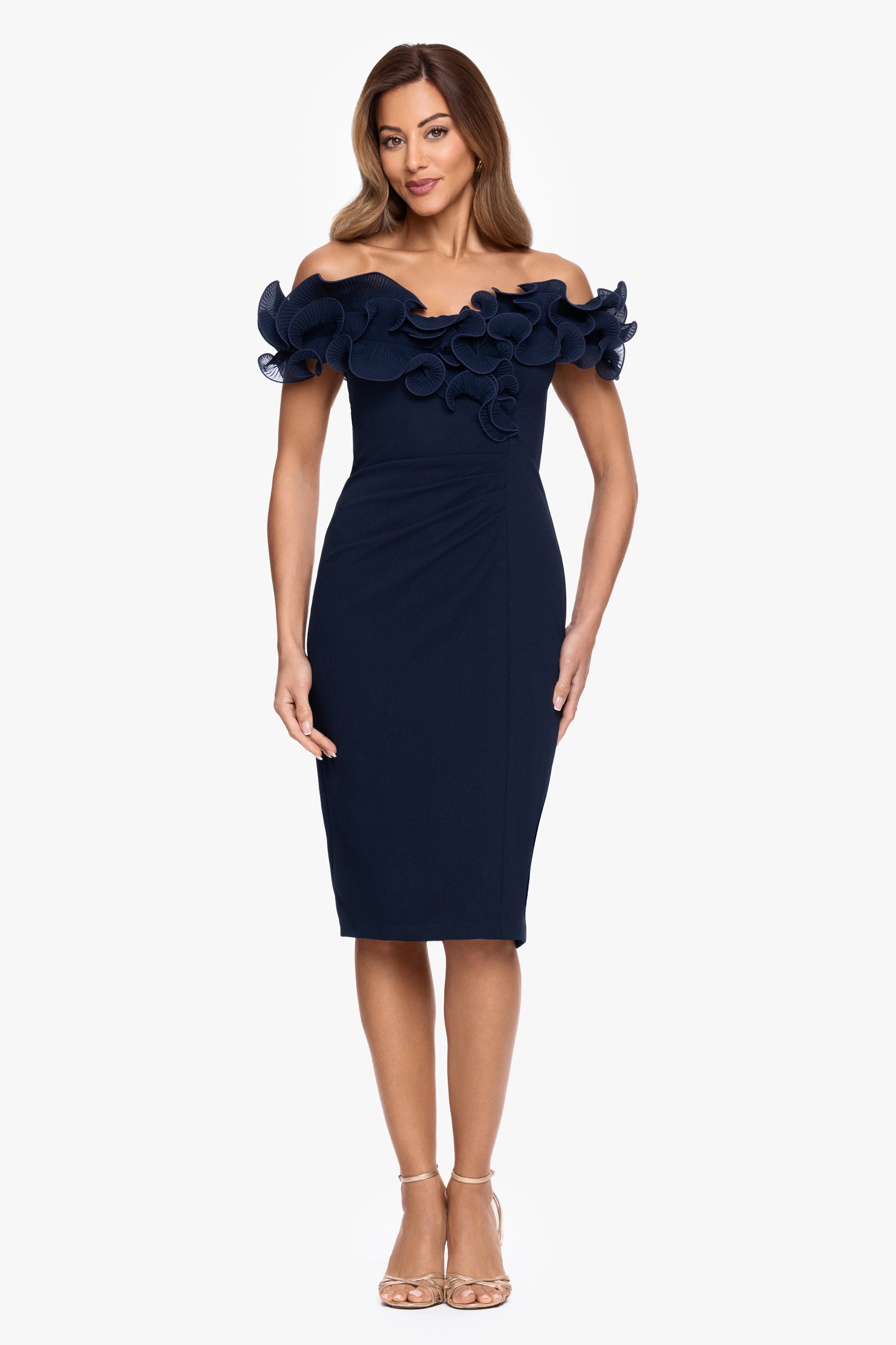 "Natalia" Scuba Crepe Off the Shoulder Ruffle Neck Knee Length Dress