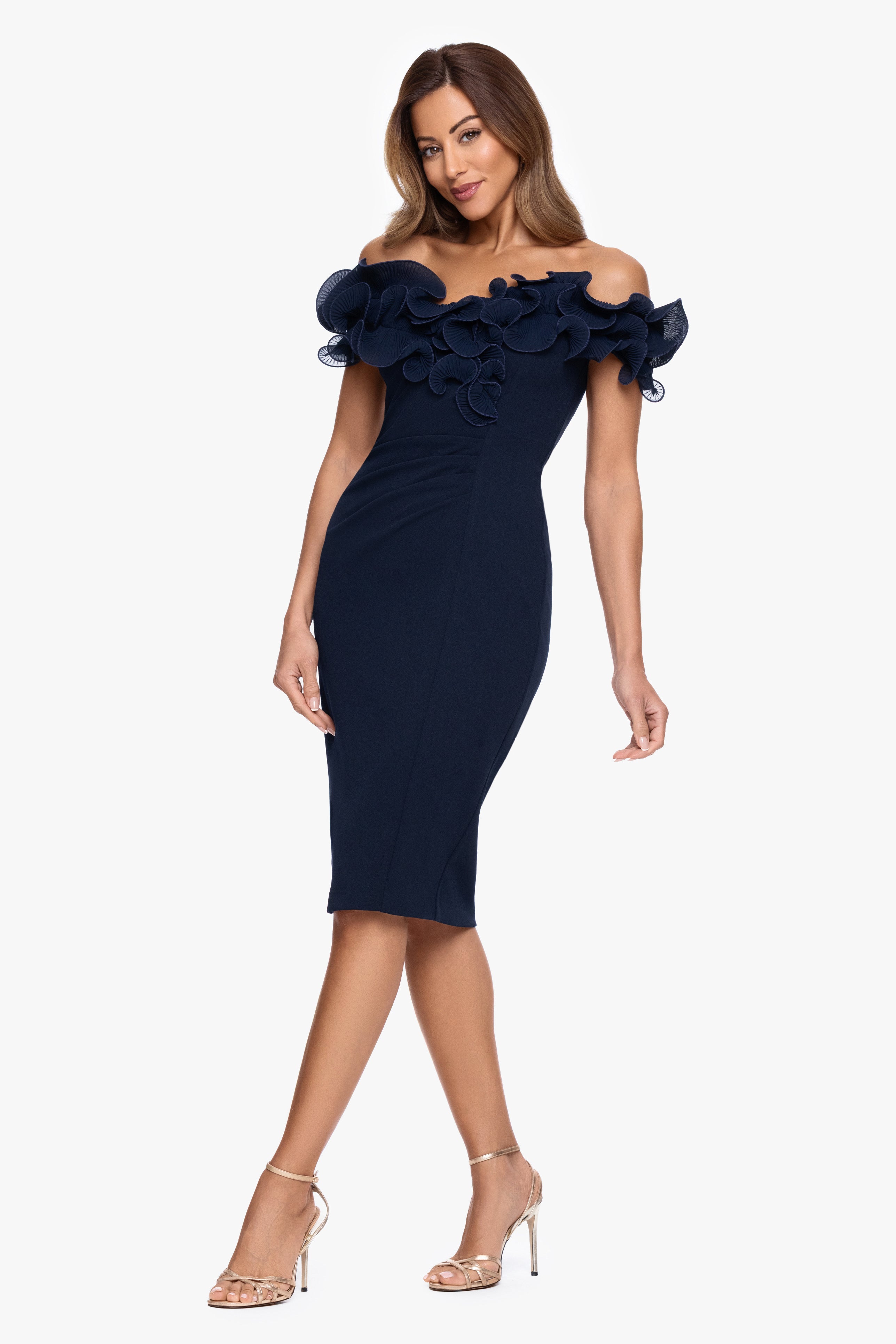 "Natalia" Scuba Crepe Off the Shoulder Ruffle Neck Knee Length Dress