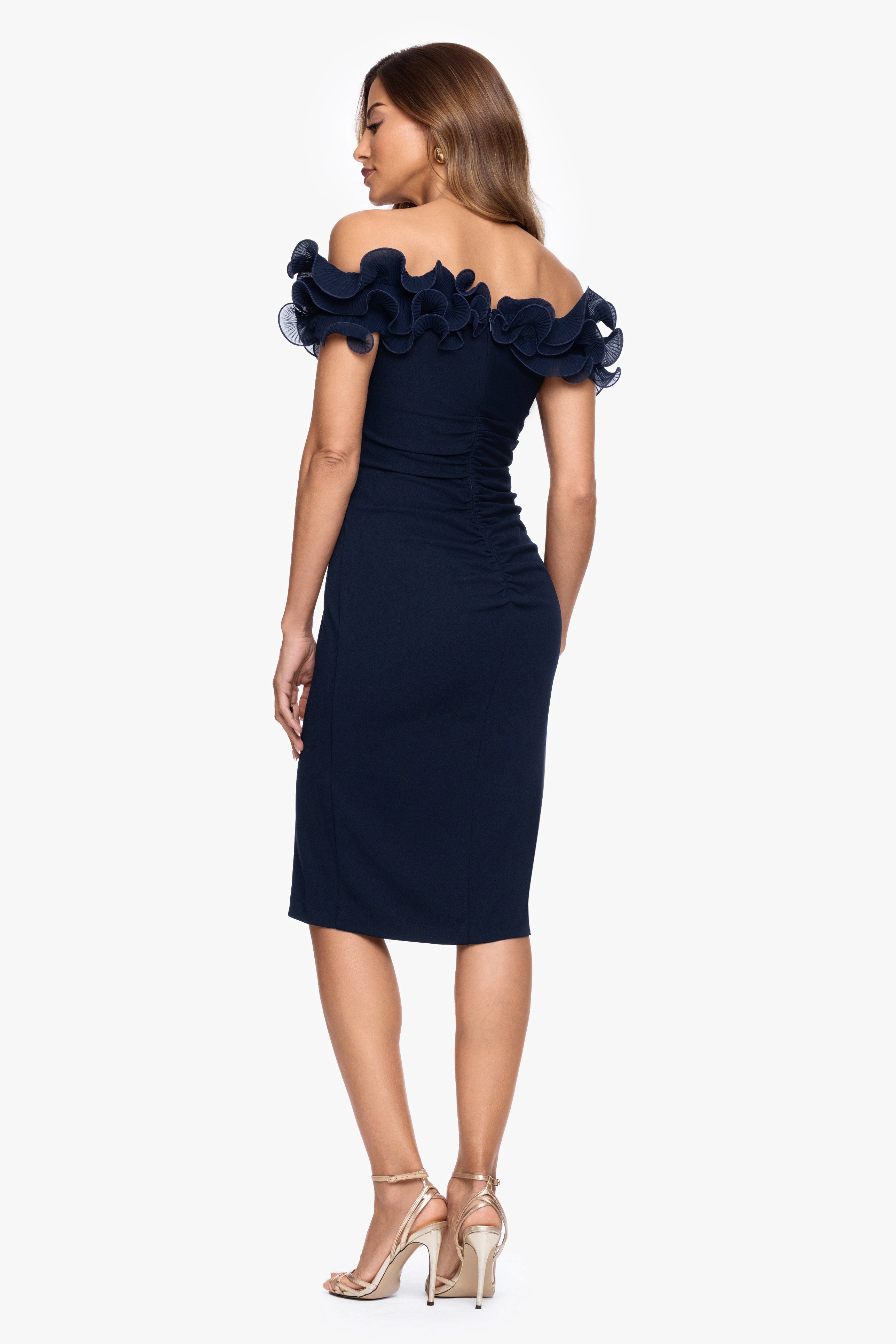 "Natalia" Scuba Crepe Off the Shoulder Ruffle Neck Knee Length Dress
