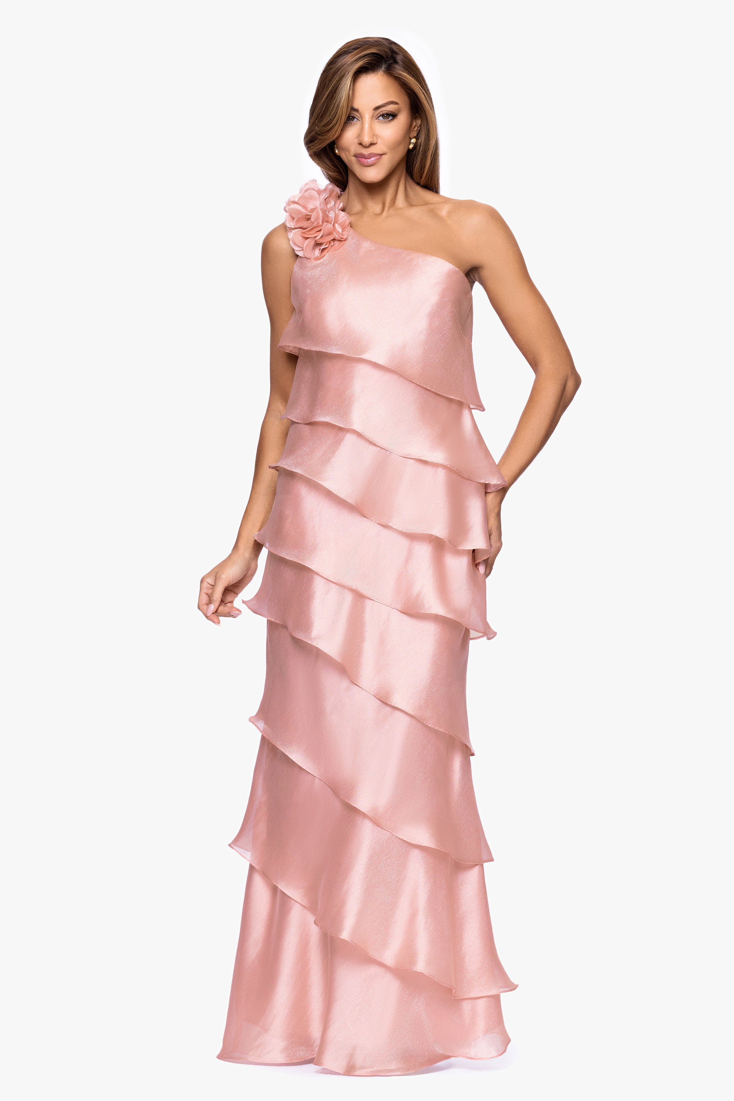 "Rosina" Long Metallic Organza Tiered One-Shoulder Dress