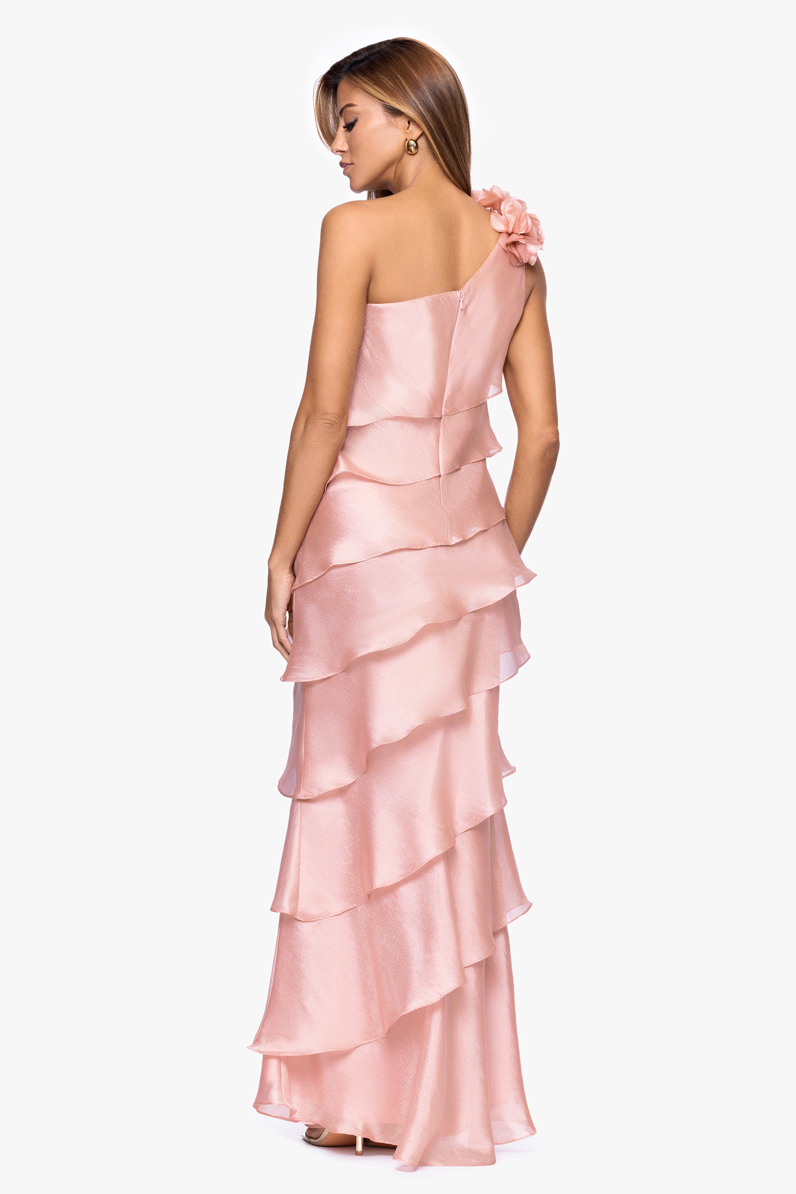 "Rosina" Long Metallic Organza Tiered One-Shoulder Dress