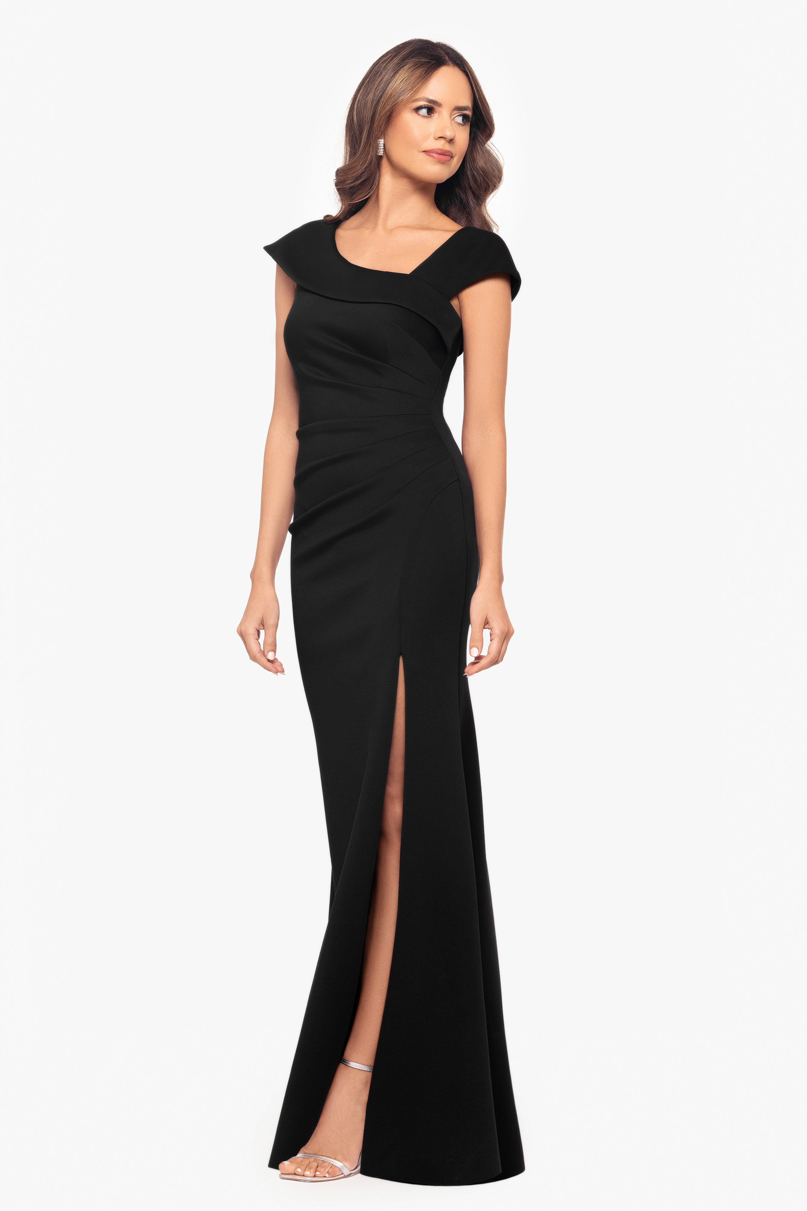 "Lenore " Long Asymmetrical Neckline Techno Scuba Dress