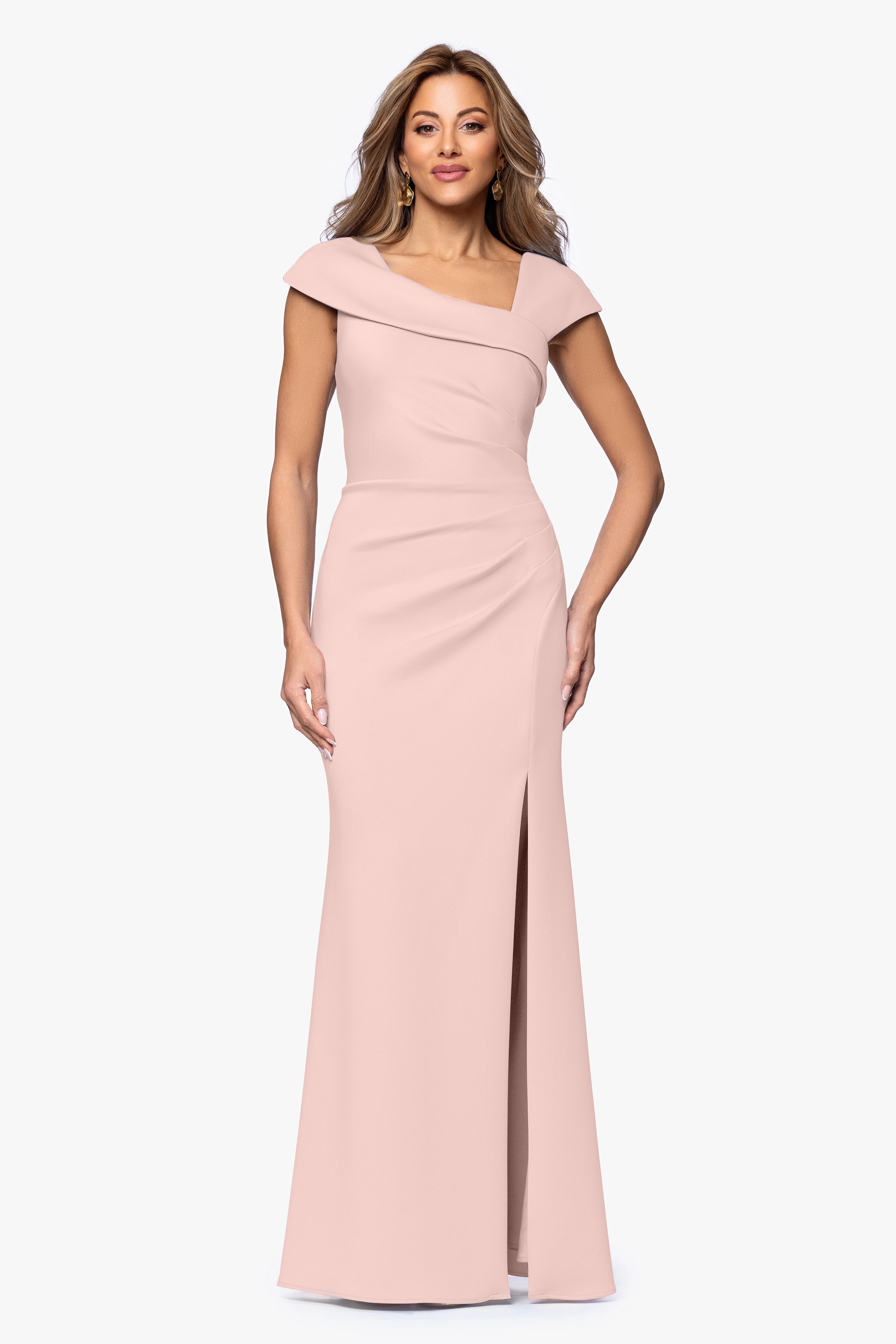 "Lenore " Long Asymmetrical Neckline Techno Scuba Dress