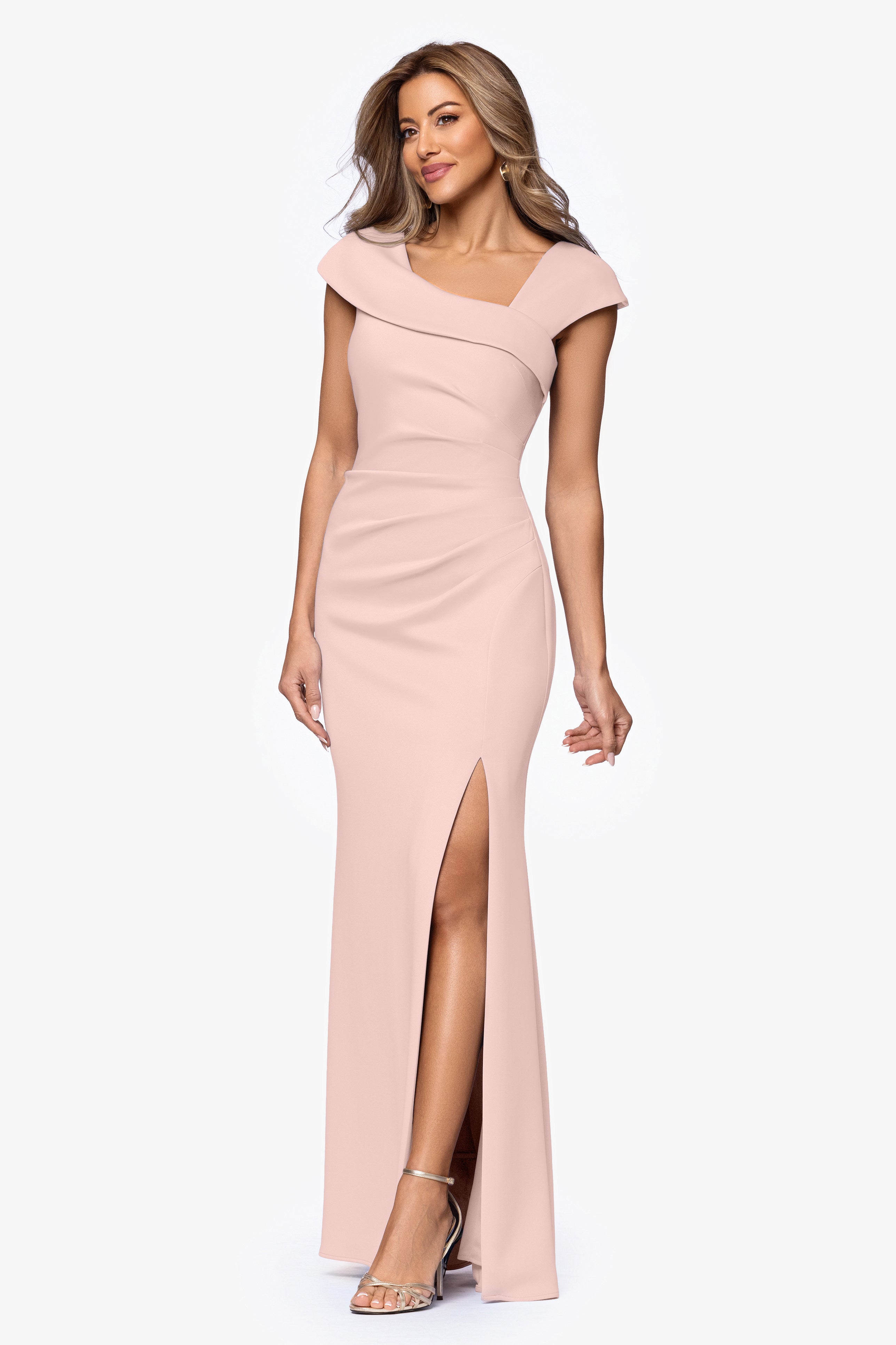 "Lenore " Long Asymmetrical Neckline Scuba Dress