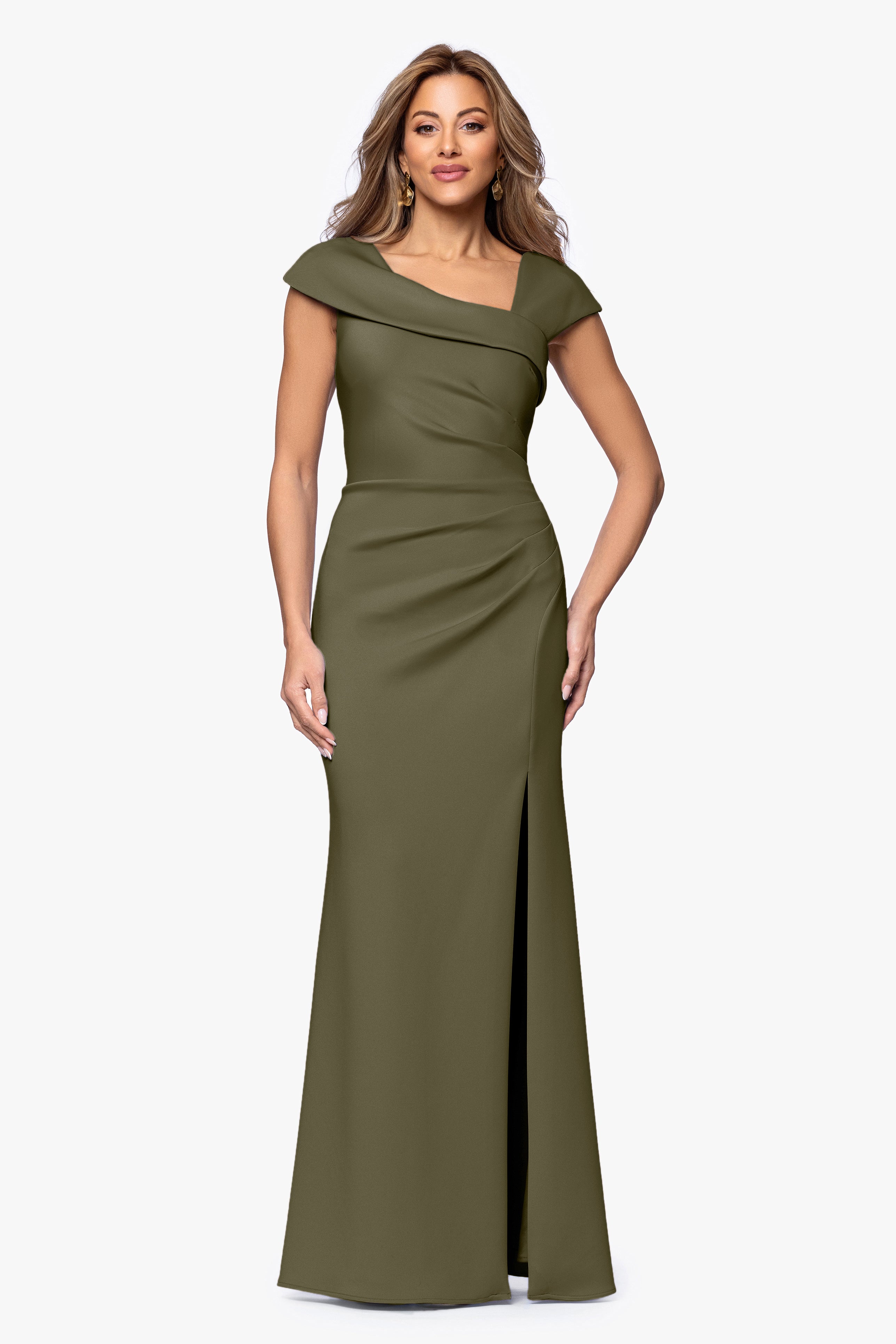 Petite "Lenore " Long Asymmetrical Neckline Techno Scuba Dress